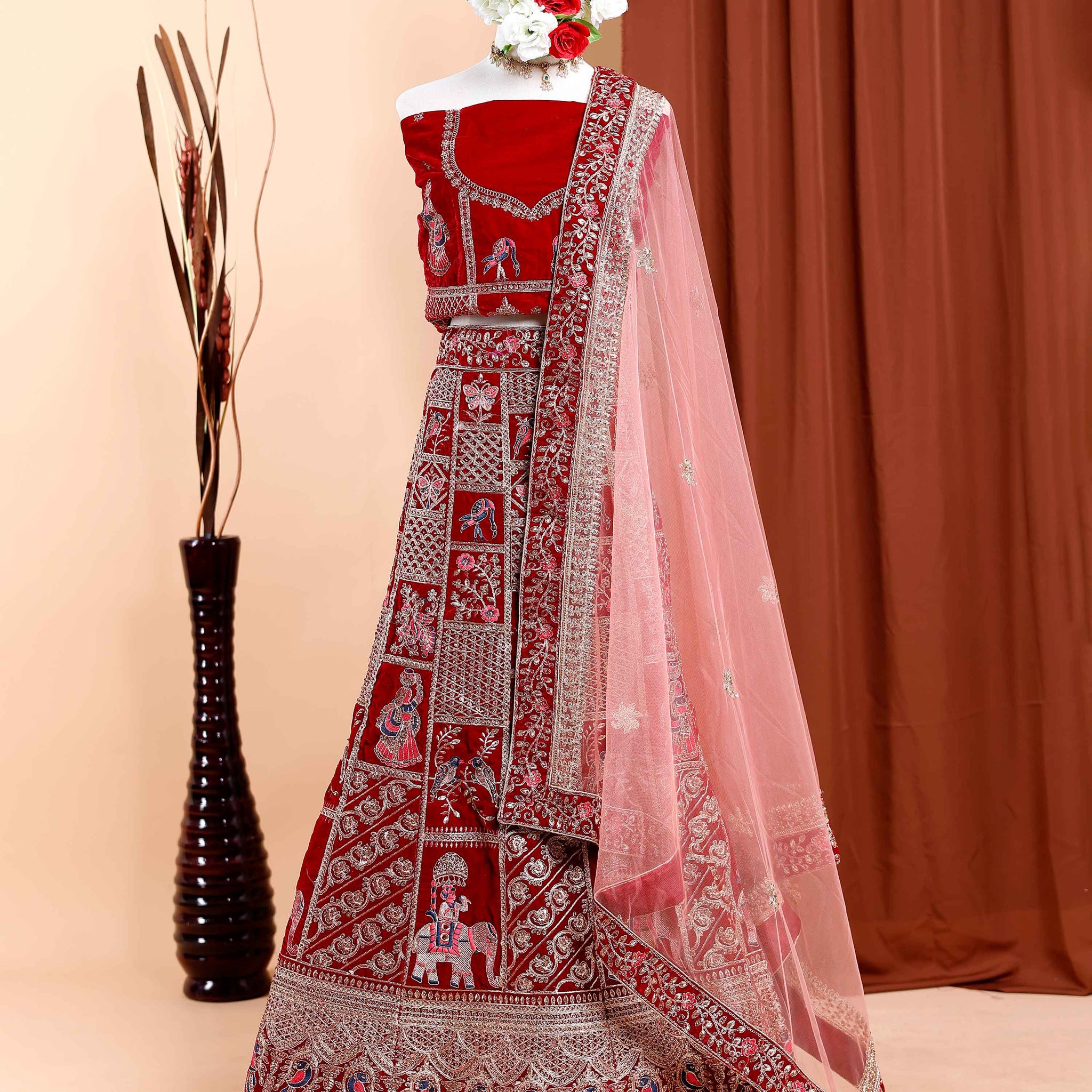 Exquisite Embroidered Semi-Stitched Bridal Lehenga with Dupatta - Maroon