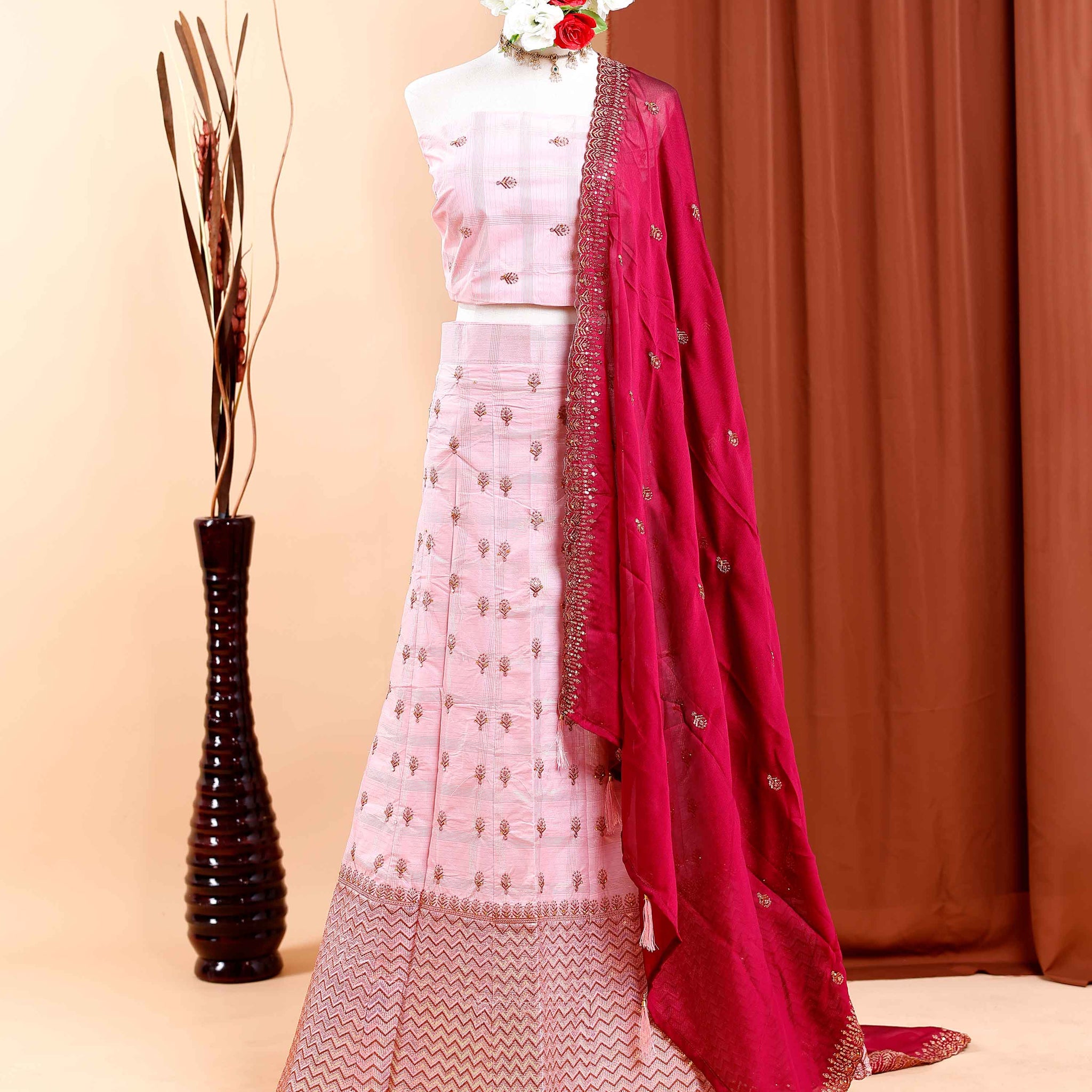 Embroidered Semi-Stitched Lehenga Material with Woven Design Border and Embellishments - Pink