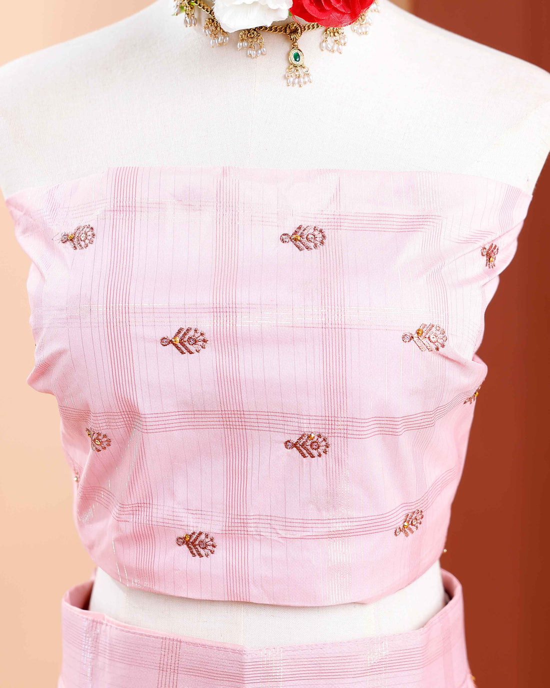 Embroidered Semi-Stitched Lehenga Material with Woven Design Border and Embellishments - Pink
