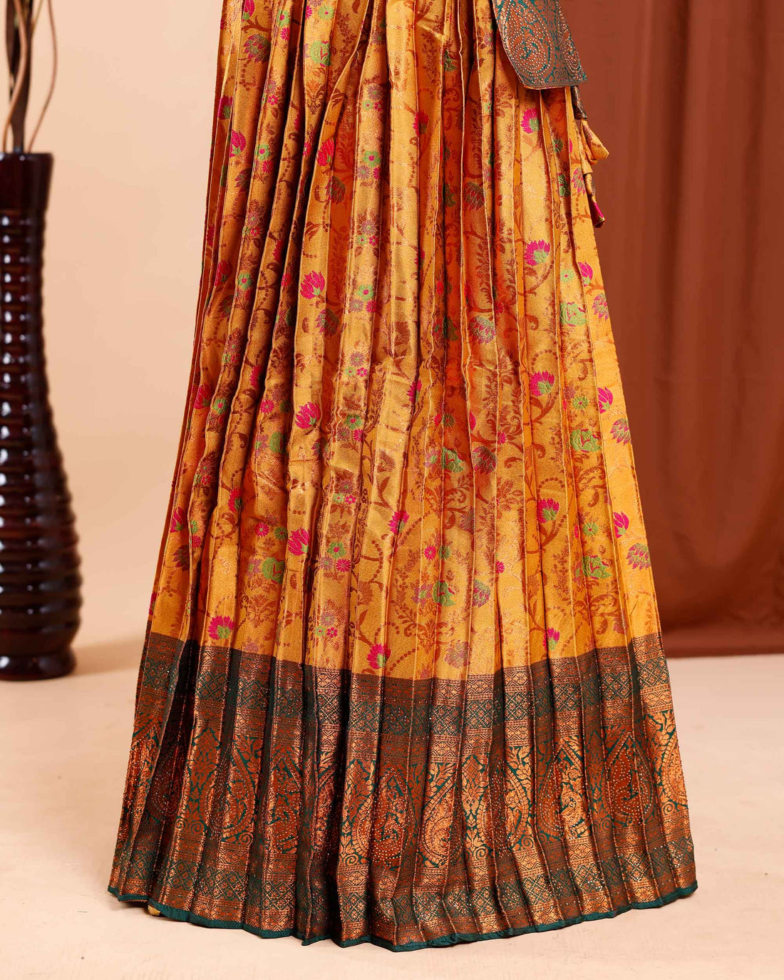 Women's Traditional Pleated  Semi - Stitched Lehenga Ensemble with Draped Dupatta - Mustard