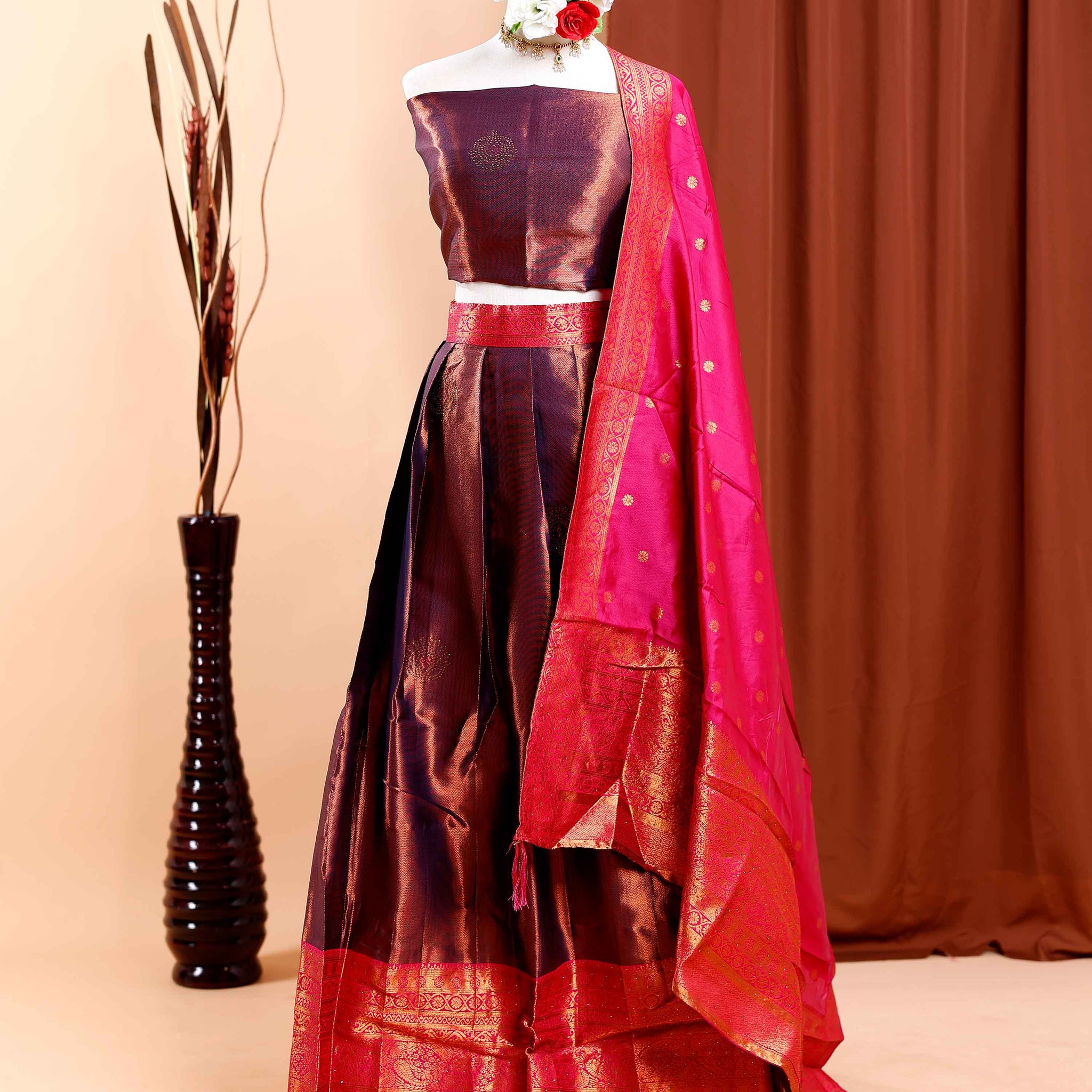 Women's Traditional Jacquard Silk Half Saree Lehenga Choli Set with Zari Weaving and Dupatta - Copper