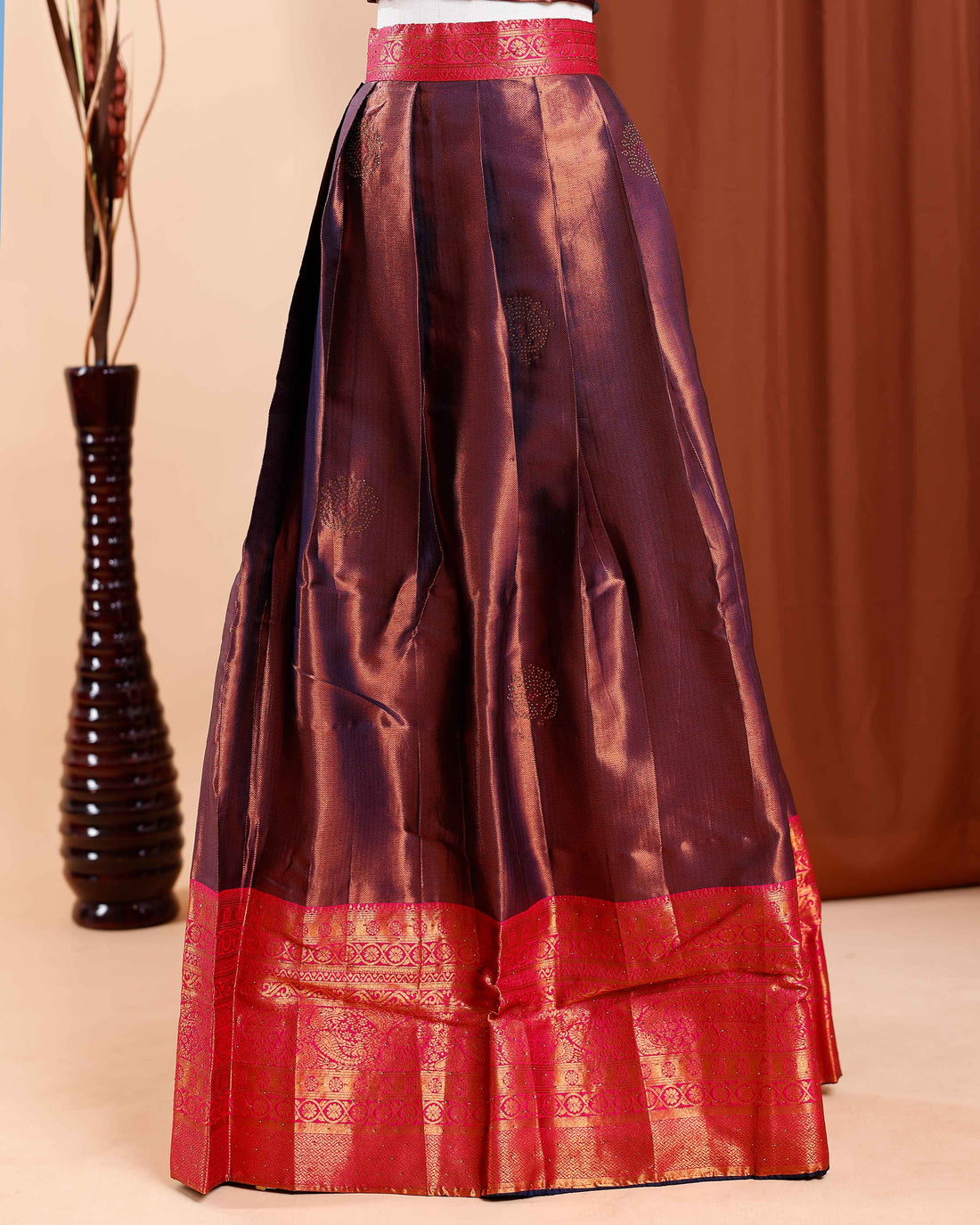 Women's Traditional Jacquard Silk Half Saree Lehenga Choli Set with Zari Weaving and Dupatta - Copper