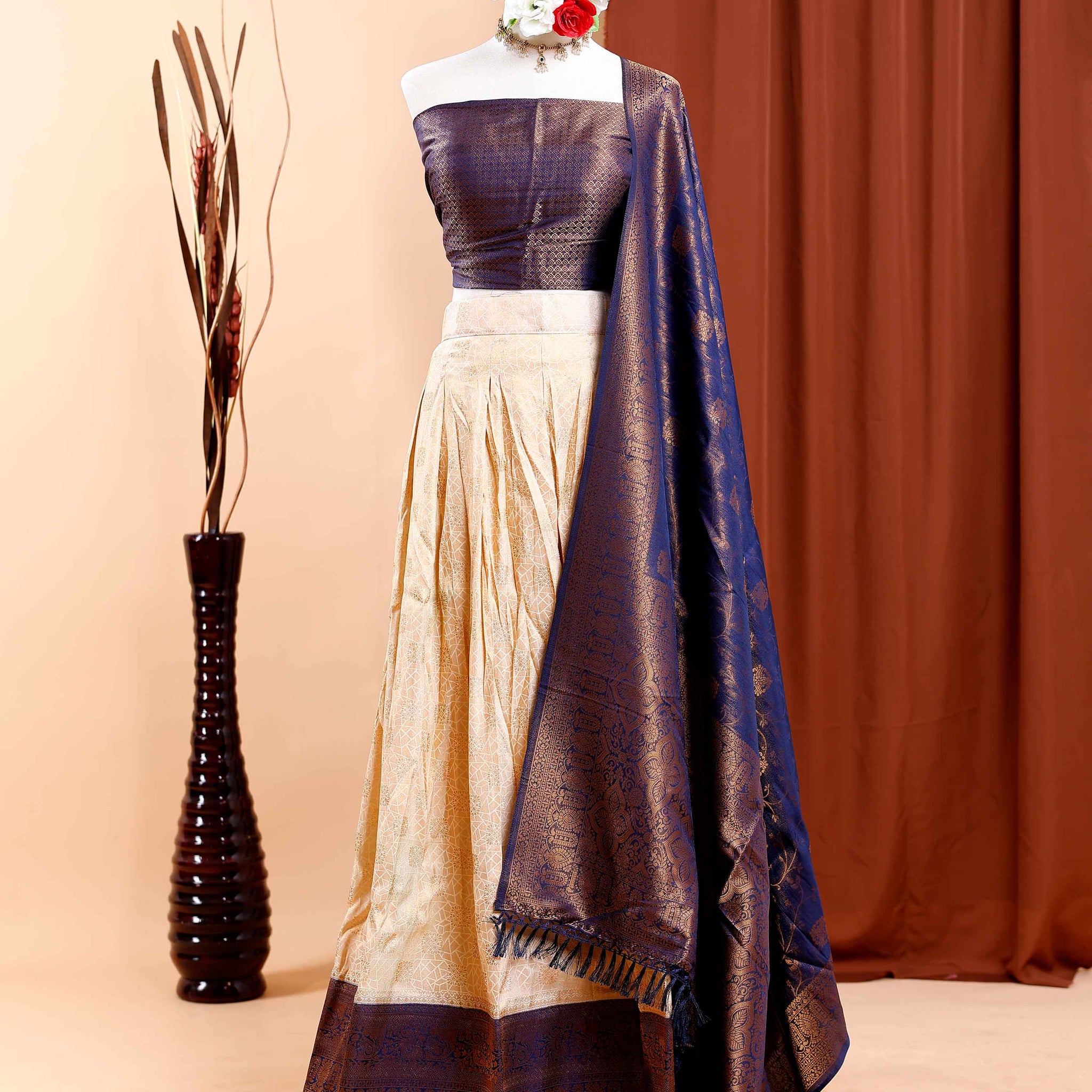 Printed Semi-Stitched Bridal Wedding Lehenga with Brocade Blouse and Dupatta -Sandal