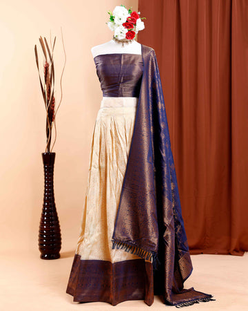 Printed Semi-Stitched Bridal Wedding Lehenga with Brocade Blouse and Dupatta -Sandal