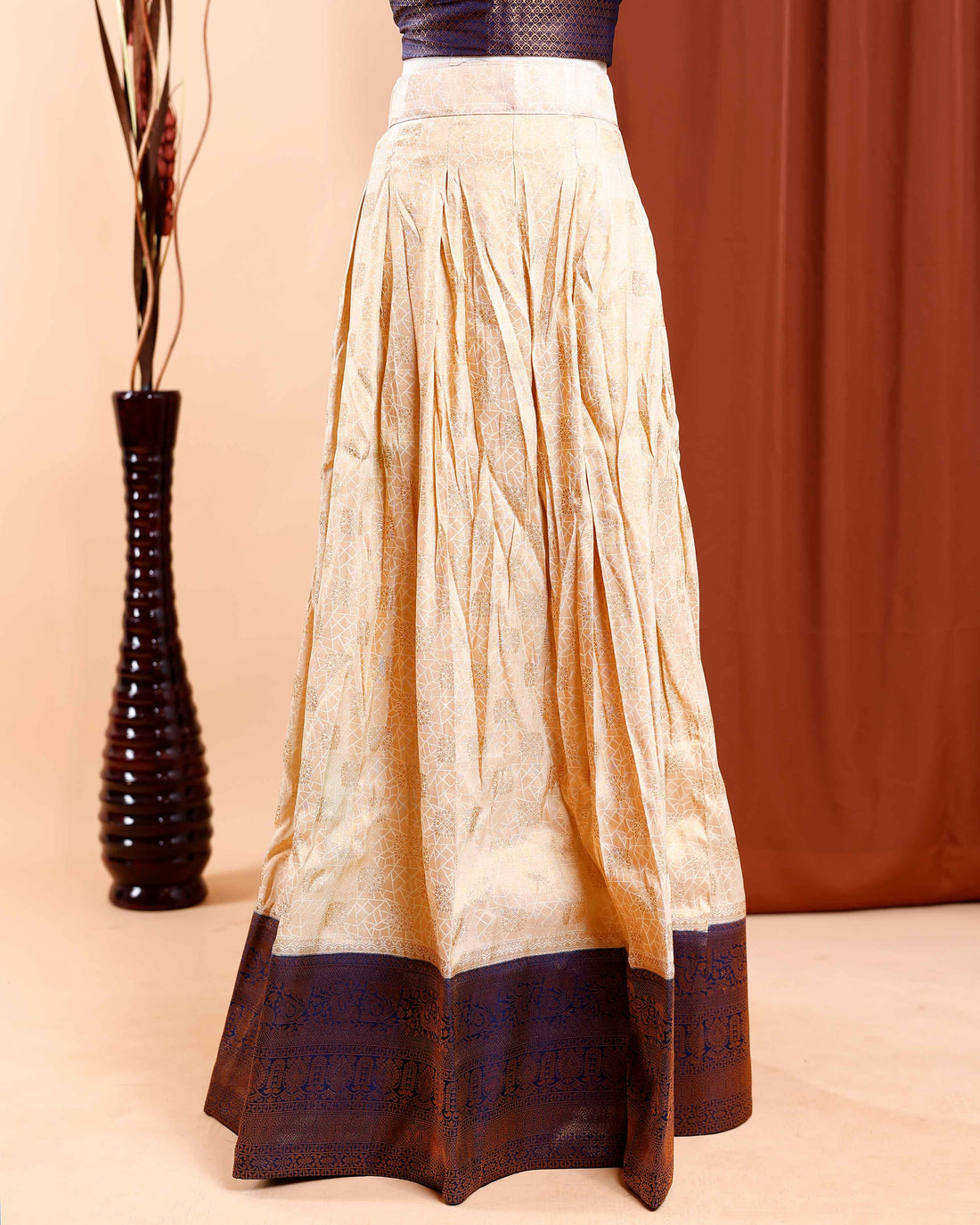 Printed Semi-Stitched Bridal Wedding Lehenga with Brocade Blouse and Dupatta -Sandal