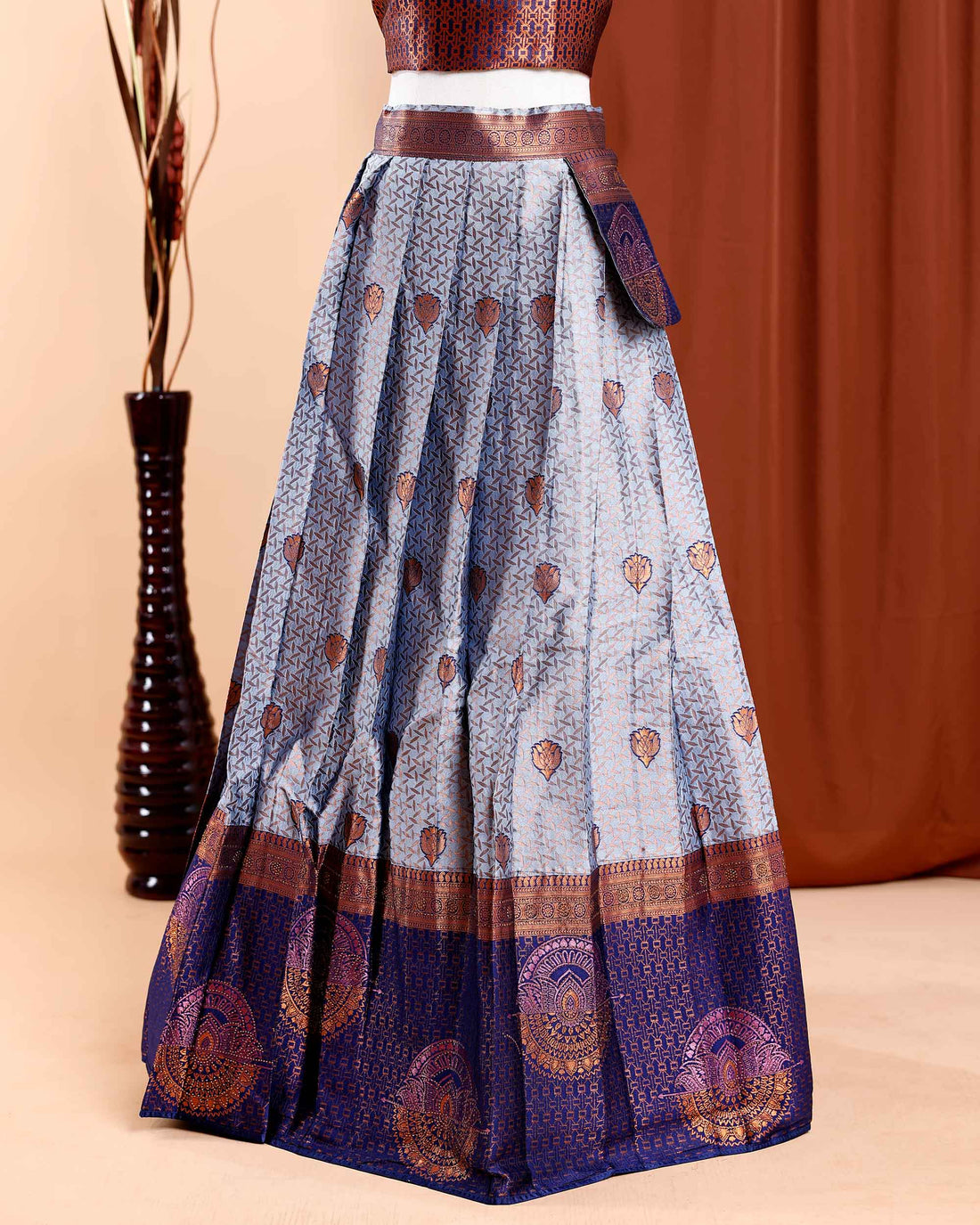 Traditional Semi-Stitched Lehenga with Zari Border Detailing  - Blue