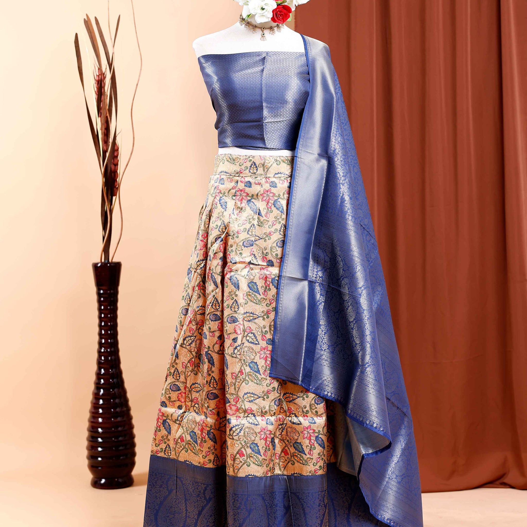 Digital Print Semi-Stitched Bridal Lehenga Material -  Blue