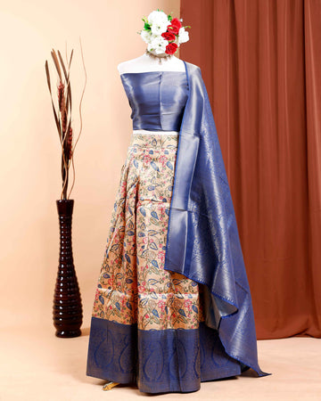 Digital Print Semi-Stitched Bridal Lehenga Material -  Blue