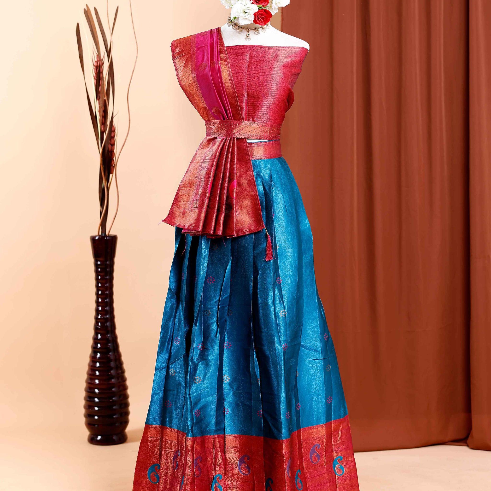 Traditional Semi-Stitched Zari Weaving Lehenga Set with Dupatta and Unstitched Blouse Piece - Pink