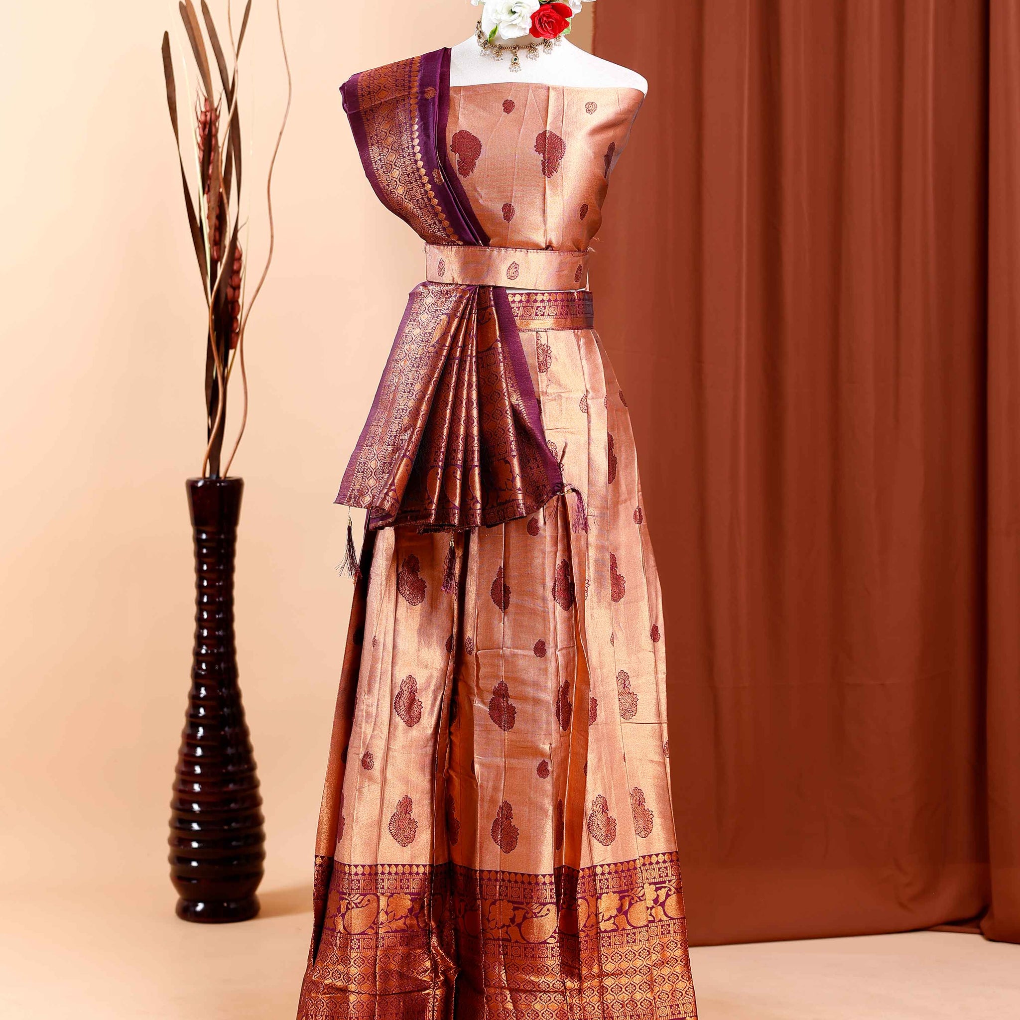 Semi-Stitched Bridal Wedding Lehenga with Intricate Prints and Zari Work  - Copper