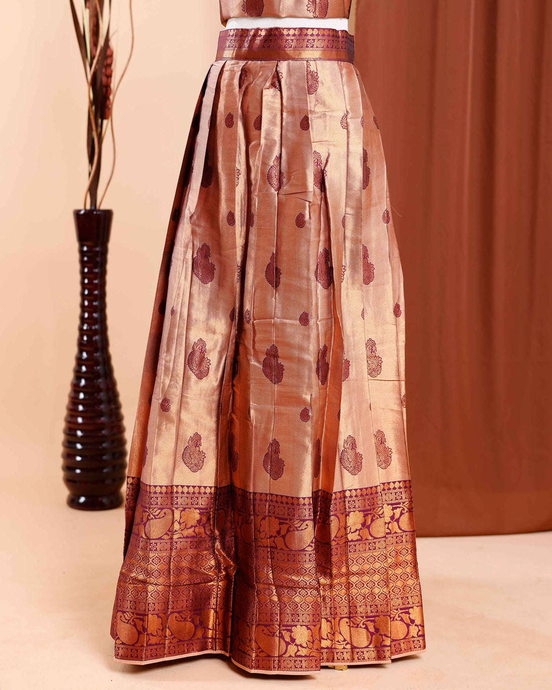 Semi-Stitched Bridal Wedding Lehenga with Intricate Prints and Zari Work  - Copper