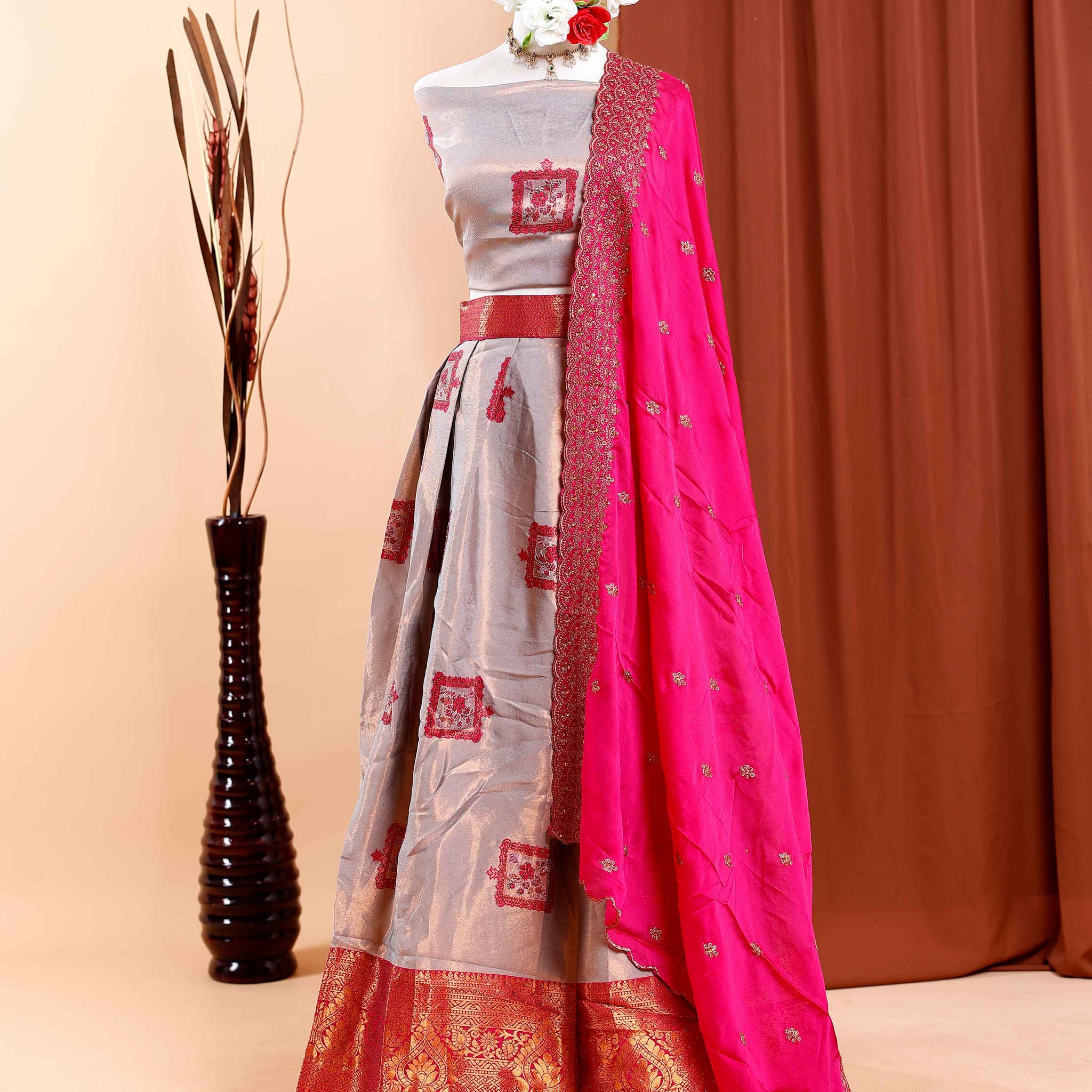 Exquisite Semi-Stitched Lehenga Material with Intricate Embroidered Motifs and Brocade Border - Grey