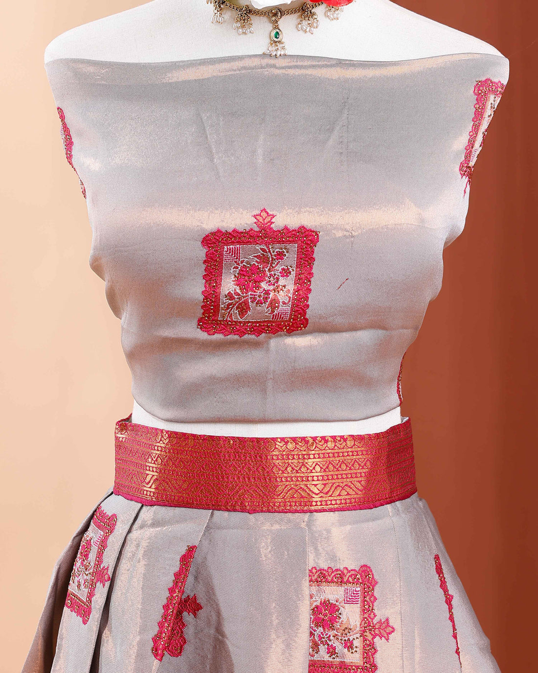 Exquisite Semi-Stitched Lehenga Material with Intricate Embroidered Motifs and Brocade Border - Grey