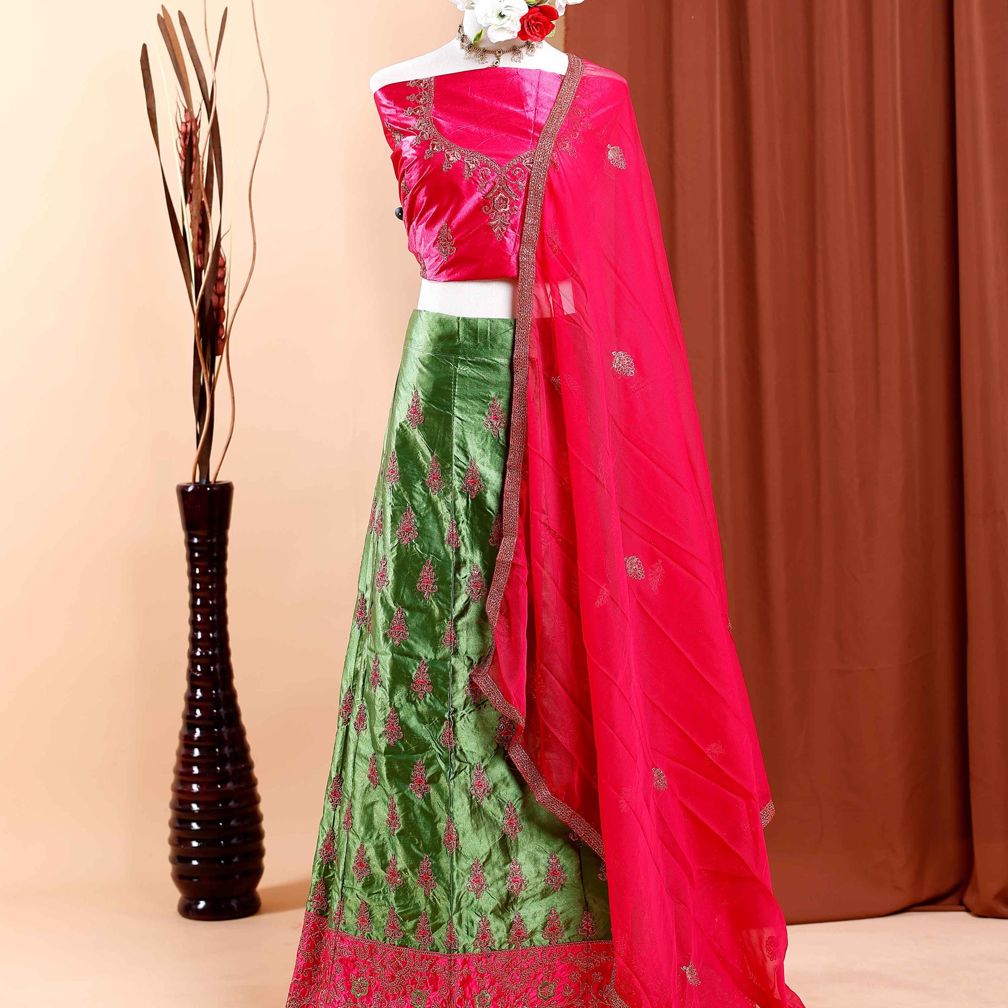 Banarasi Silk Lehenga Material with Traditional Zari and Thread Weaving ,Unstitched Embroidered Blouse Fabric and Embellished Net Dupatta - Pink