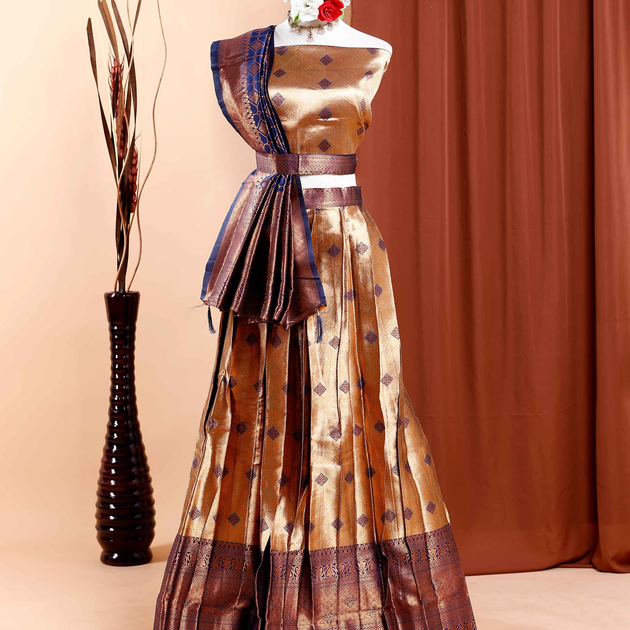 Intricately Woven Silk Blend Semi - Stitched Lehenga with Traditional Motifs and Zari Border Accents - Gold
