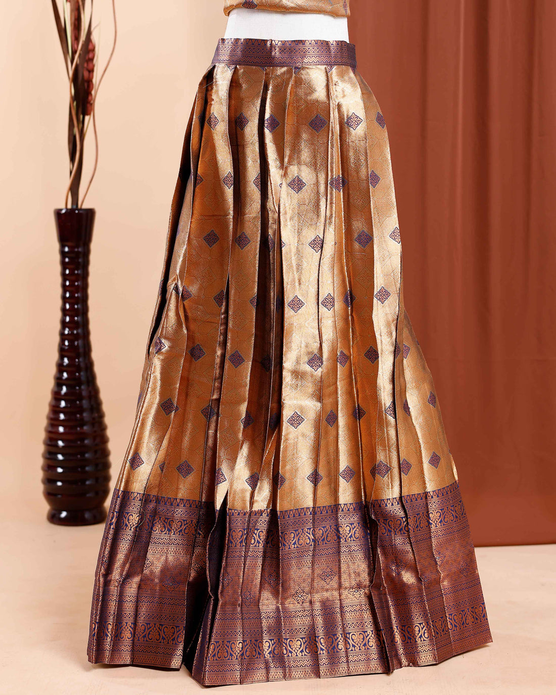 Intricately Woven Silk Blend Semi - Stitched Lehenga with Traditional Motifs and Zari Border Accents - Gold
