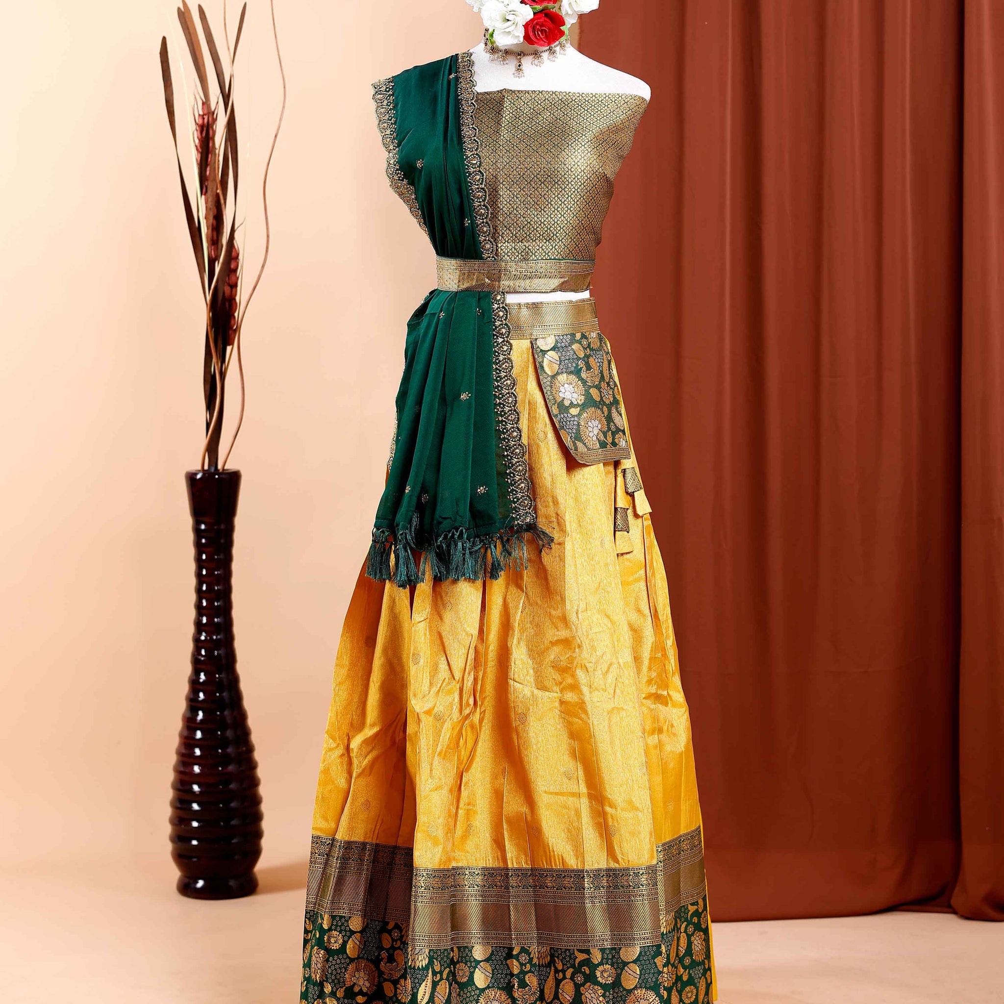 Embroidered Zari Work Semi-Stitched Lehenga Choli with Dupatta - Yellow