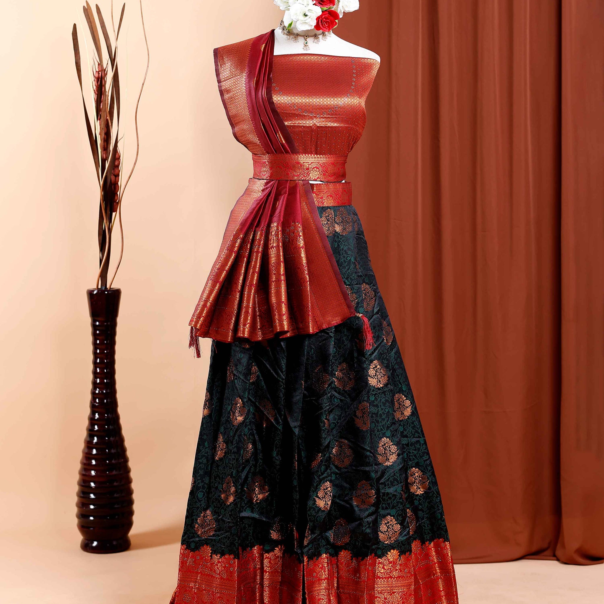 Exquisite  Semi - Stitched Lehenga with Intricate Zari Weaving and Border Detailing - Green