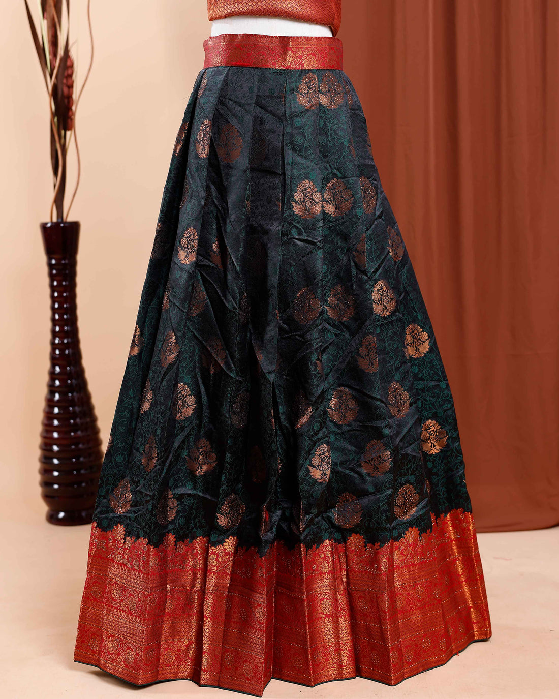 Exquisite  Semi - Stitched Lehenga with Intricate Zari Weaving and Border Detailing - Green