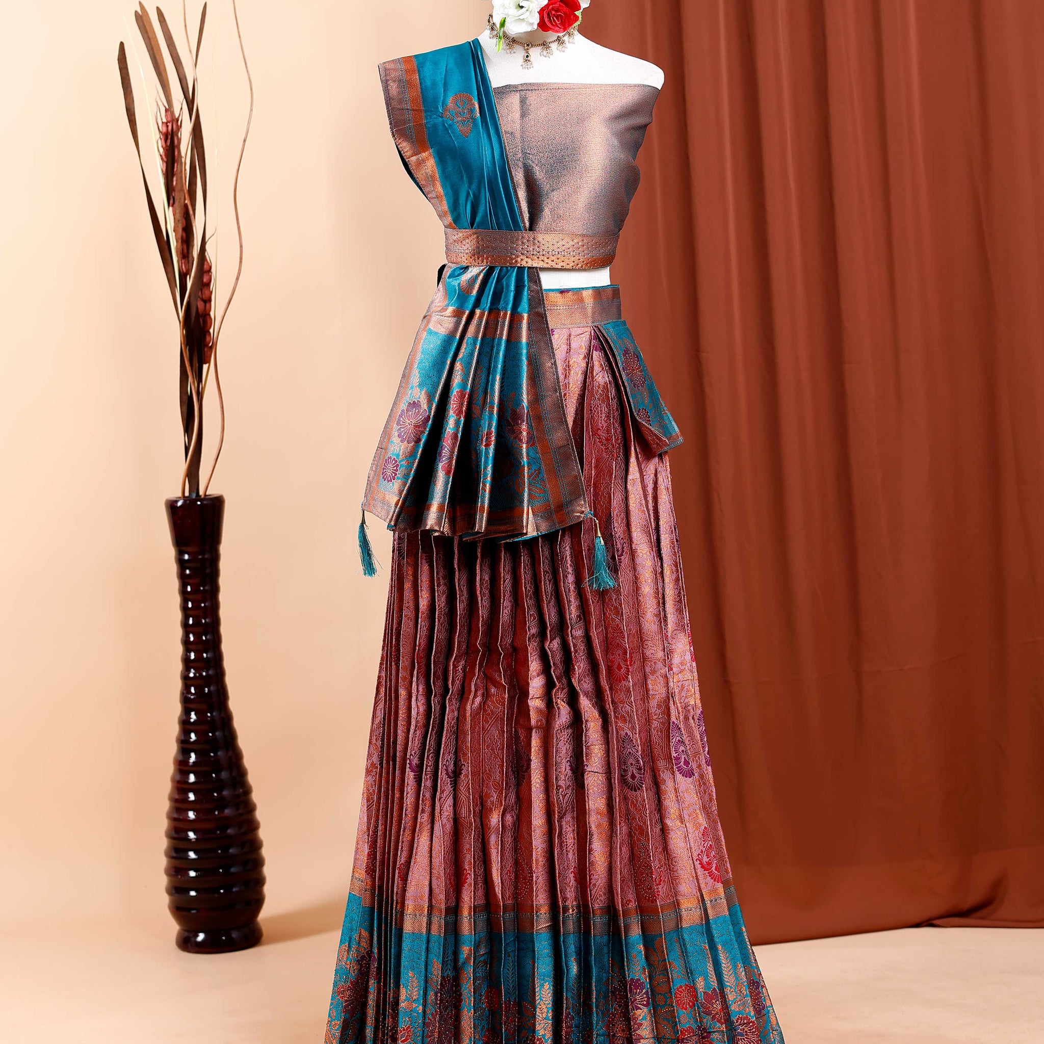 Jacquard Silk Zari Weaving Work Bridal Semi - Stitched Lehenga - Pink