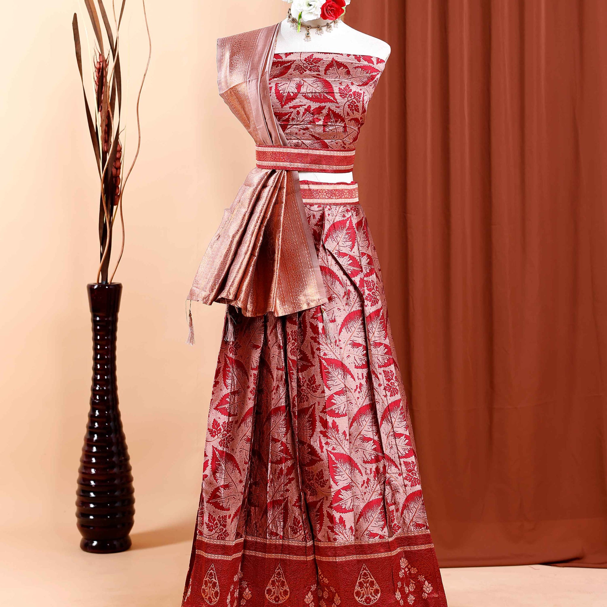 Printed Semi-Stitched Lehenga with Zari Border and Pleated Drape  - Maroon