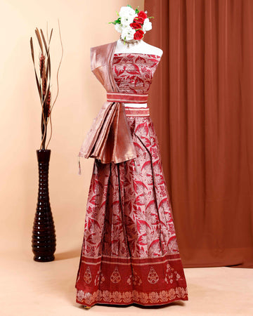 Printed Semi-Stitched Lehenga with Zari Border and Pleated Drape  - Maroon