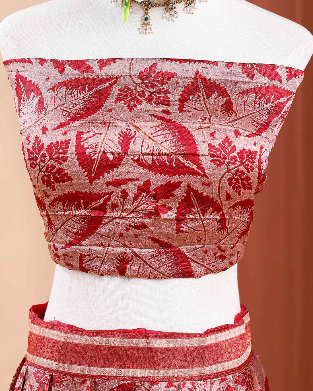 Printed Semi-Stitched Lehenga with Zari Border and Pleated Drape  - Maroon