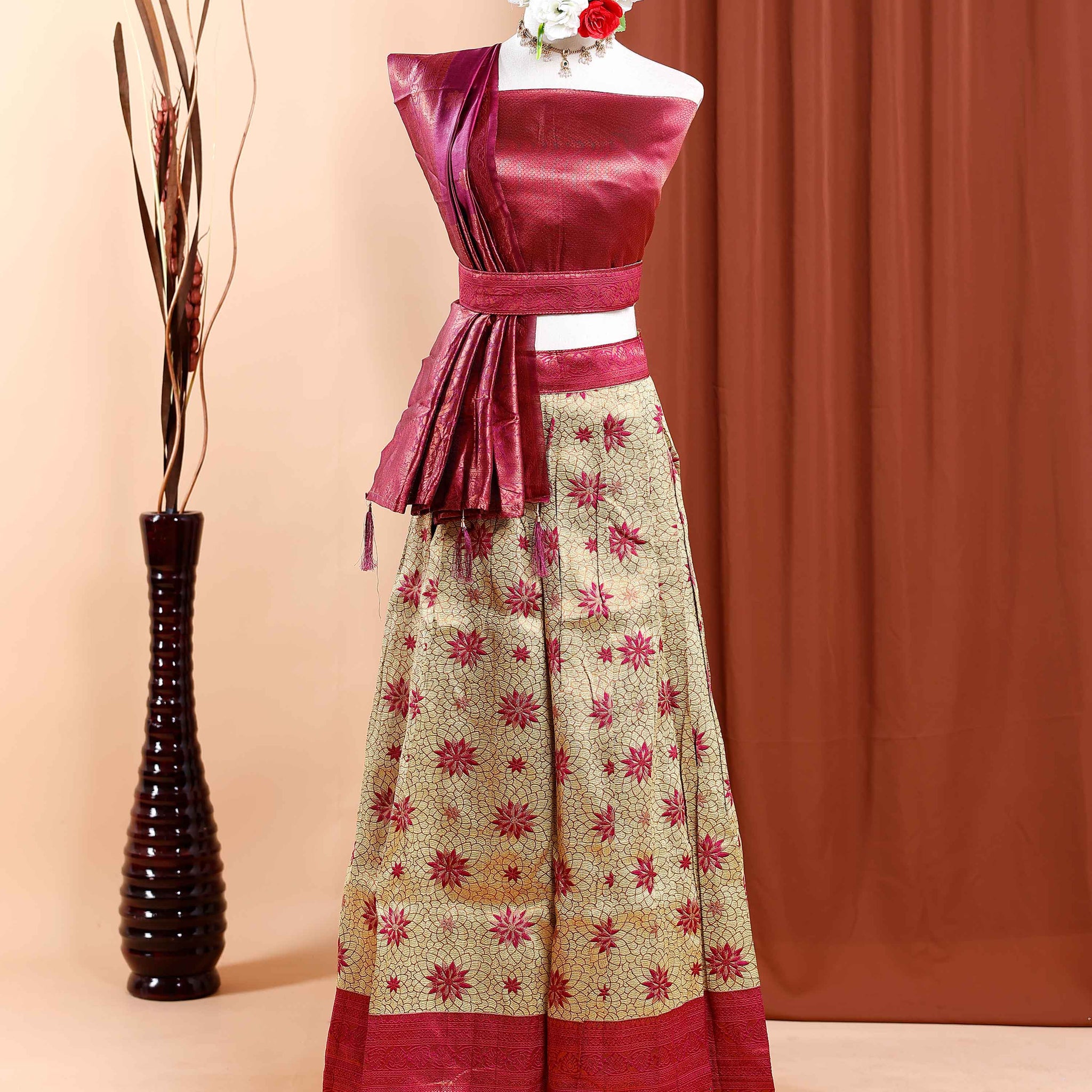 Traditional Silk Blend Half Saree Lehenga with Floral Print Skirt and Rich Zari Border - Purple