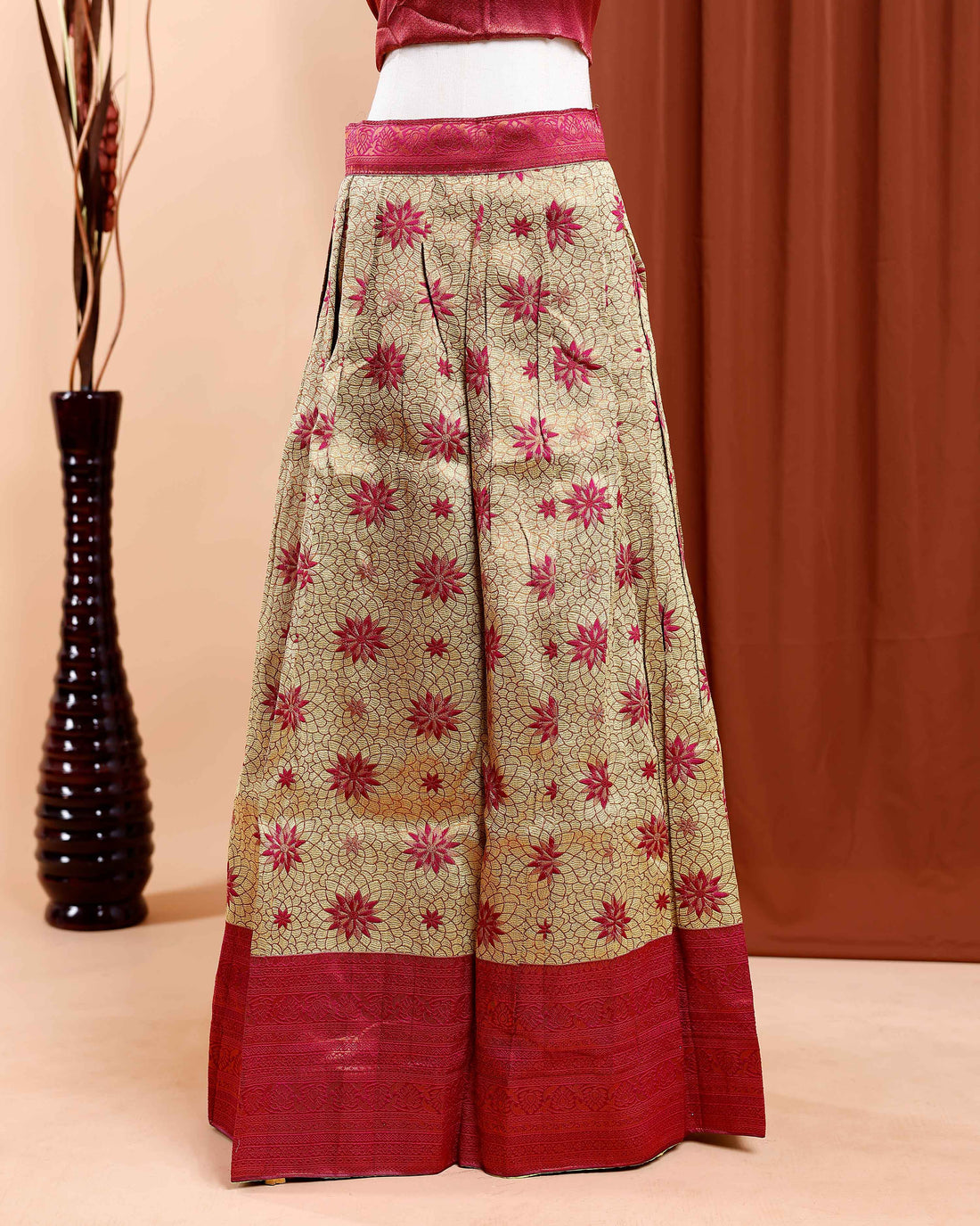 Traditional Silk Blend Half Saree Lehenga with Floral Print Skirt and Rich Zari Border - Purple