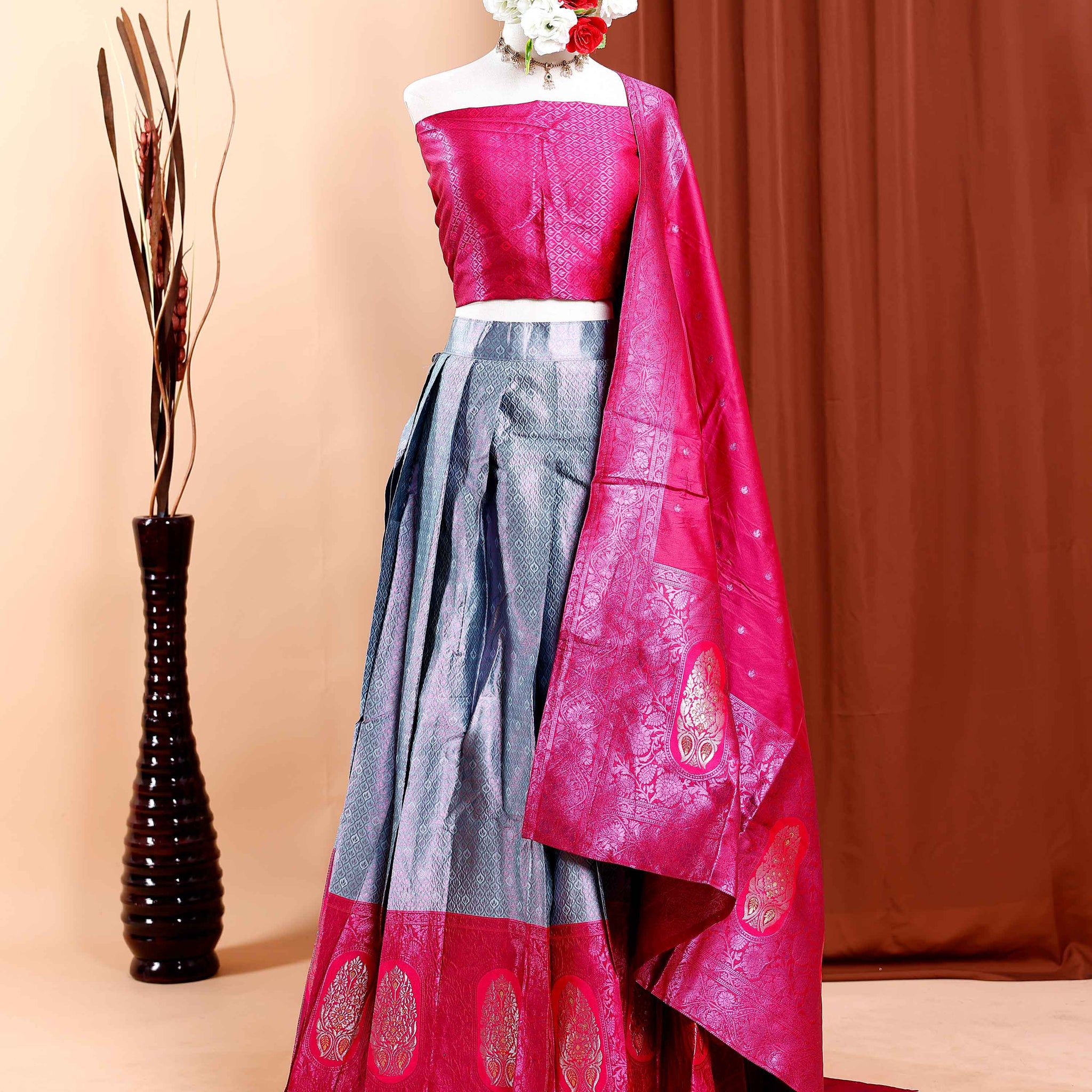 Semi-Stitched Bridal Wedding Lehenga with Intricate Prints and Zari Border - Multi