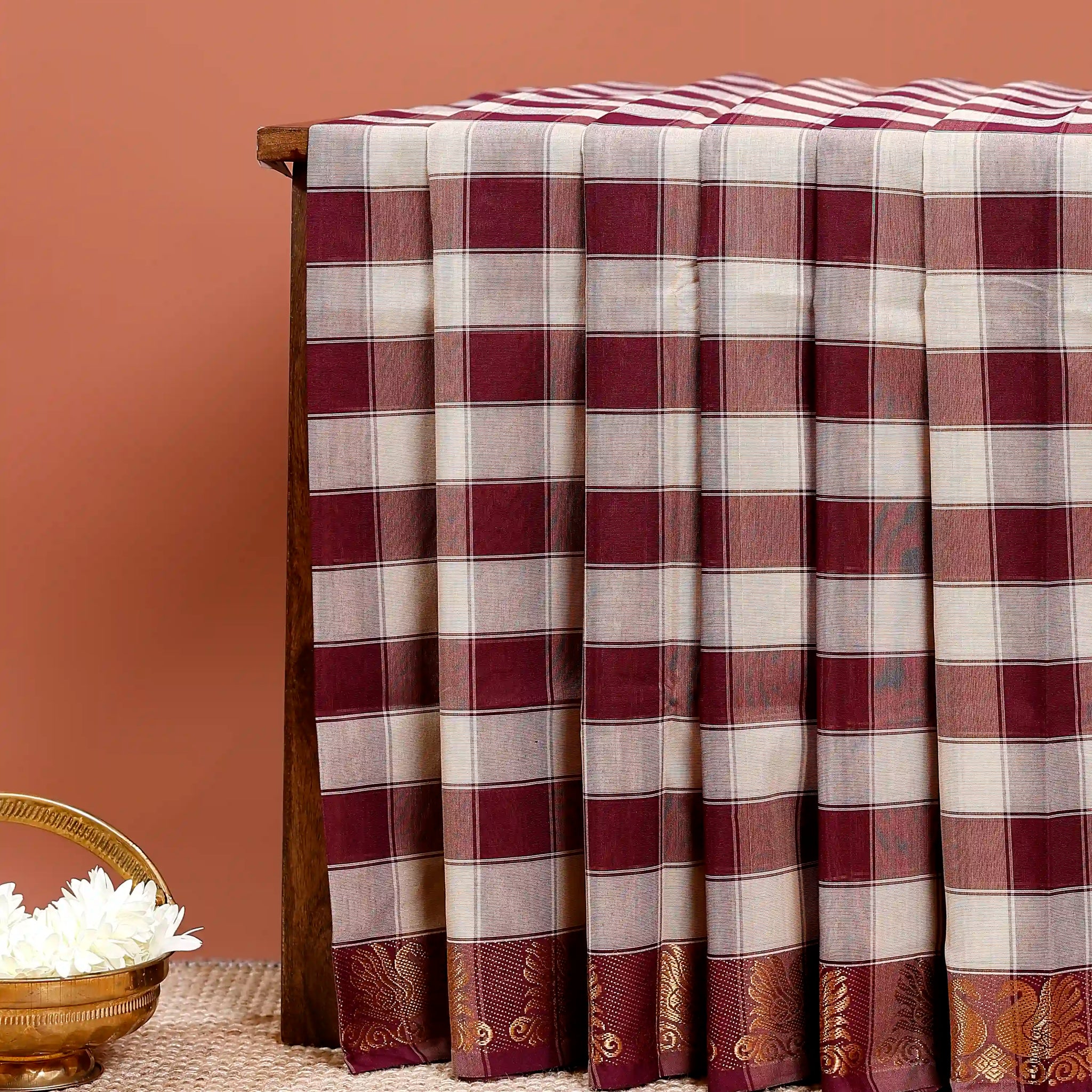 Traditional Chettinad Cotton Saree with Bold Checked Pattern and Rich Zari Border - Multi