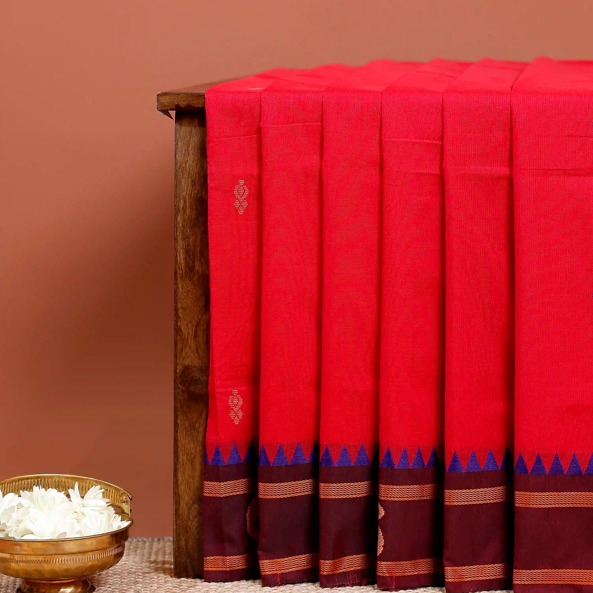 Authentic Chettinad Cotton Saree with Intricate Zari Border and Subtle Butta Weaves - Red