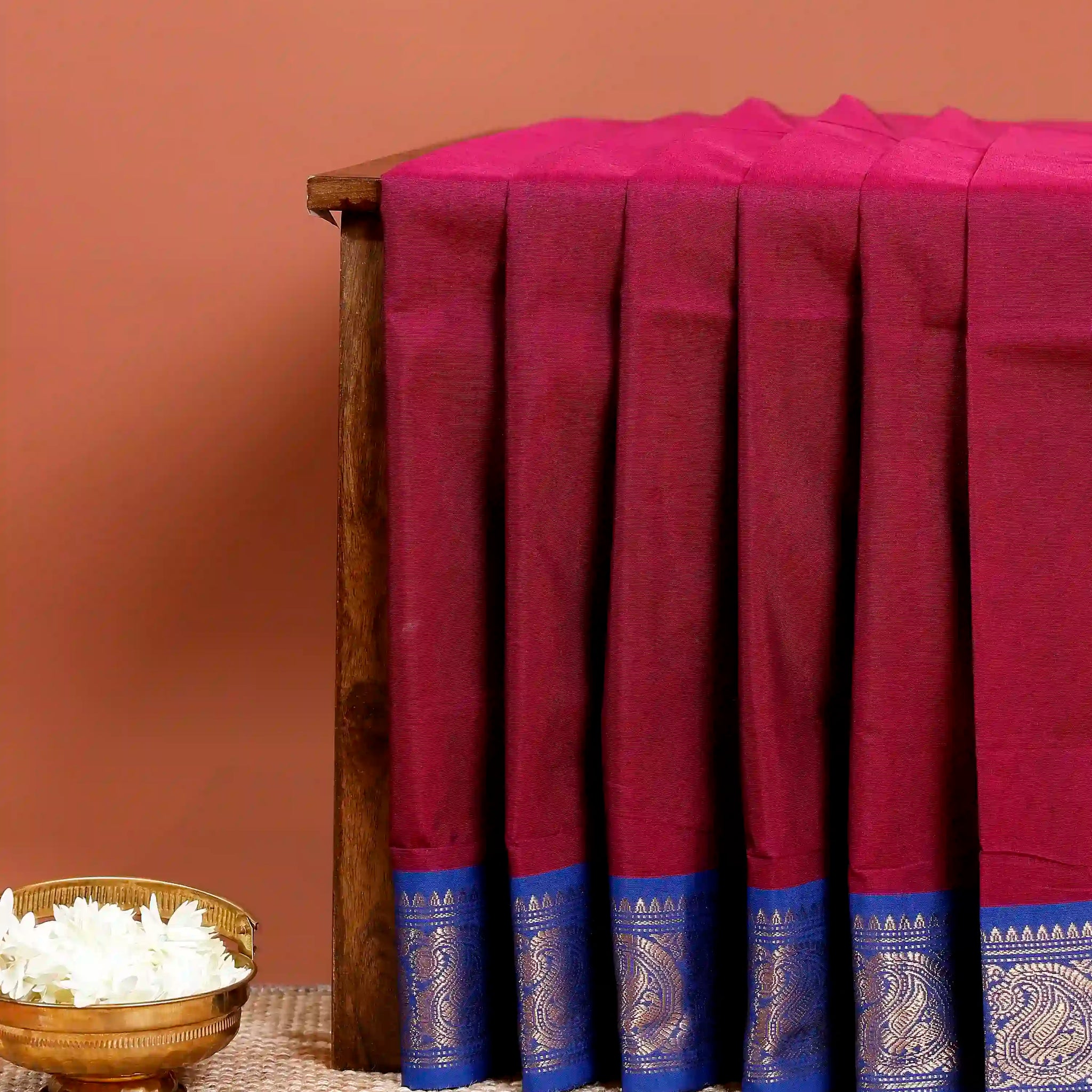 Elegant Chettinad Cotton Saree with Contrasting Zari Border and Subtle Textured Weave - Magenta