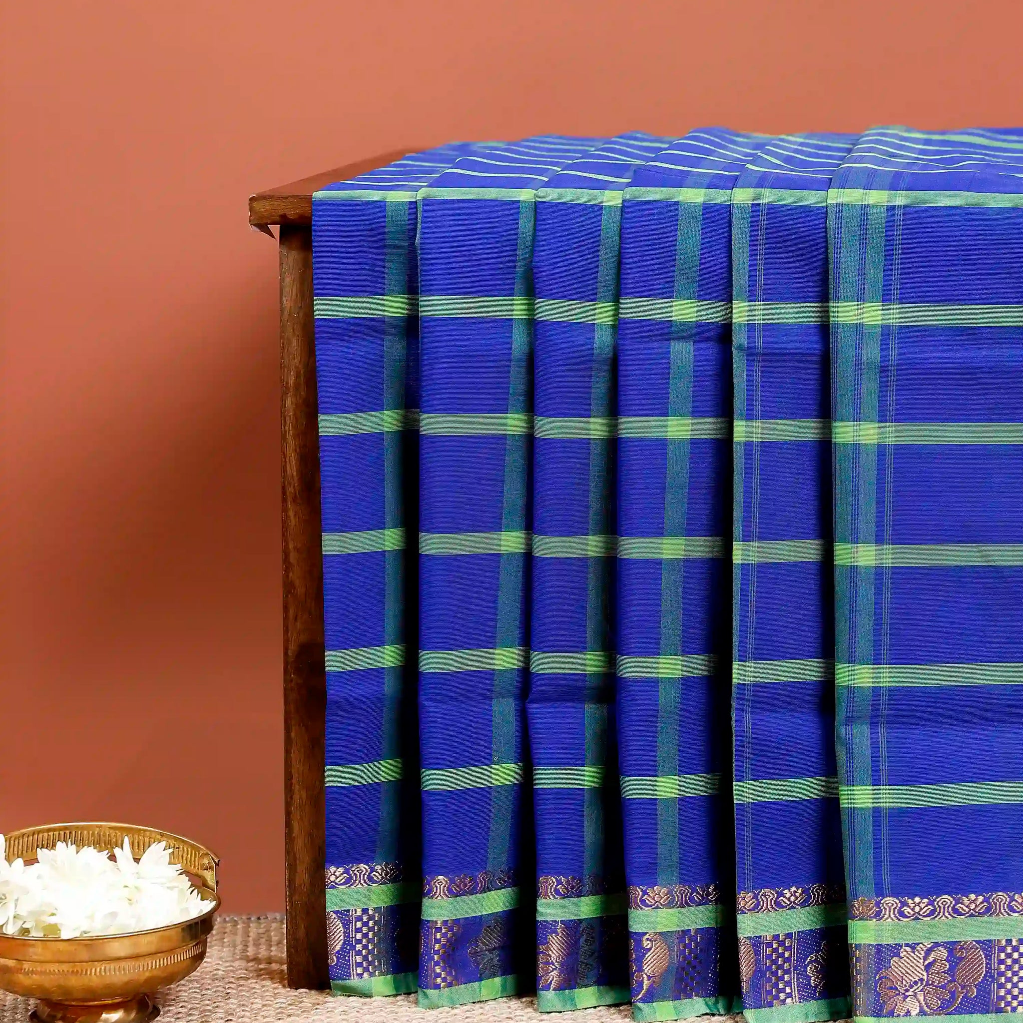 Traditional Chettinad Cotton Saree with Bold Checked Pattern and Rich Zari Border - Blue