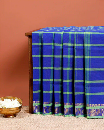 Traditional Chettinad Cotton Saree with Bold Checked Pattern and Rich Zari Border - Blue