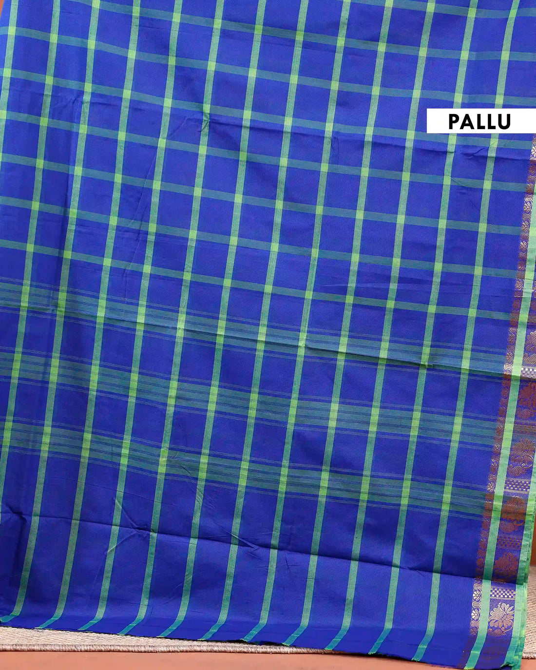 Traditional Chettinad Cotton Saree with Bold Checked Pattern and Rich Zari Border - Blue