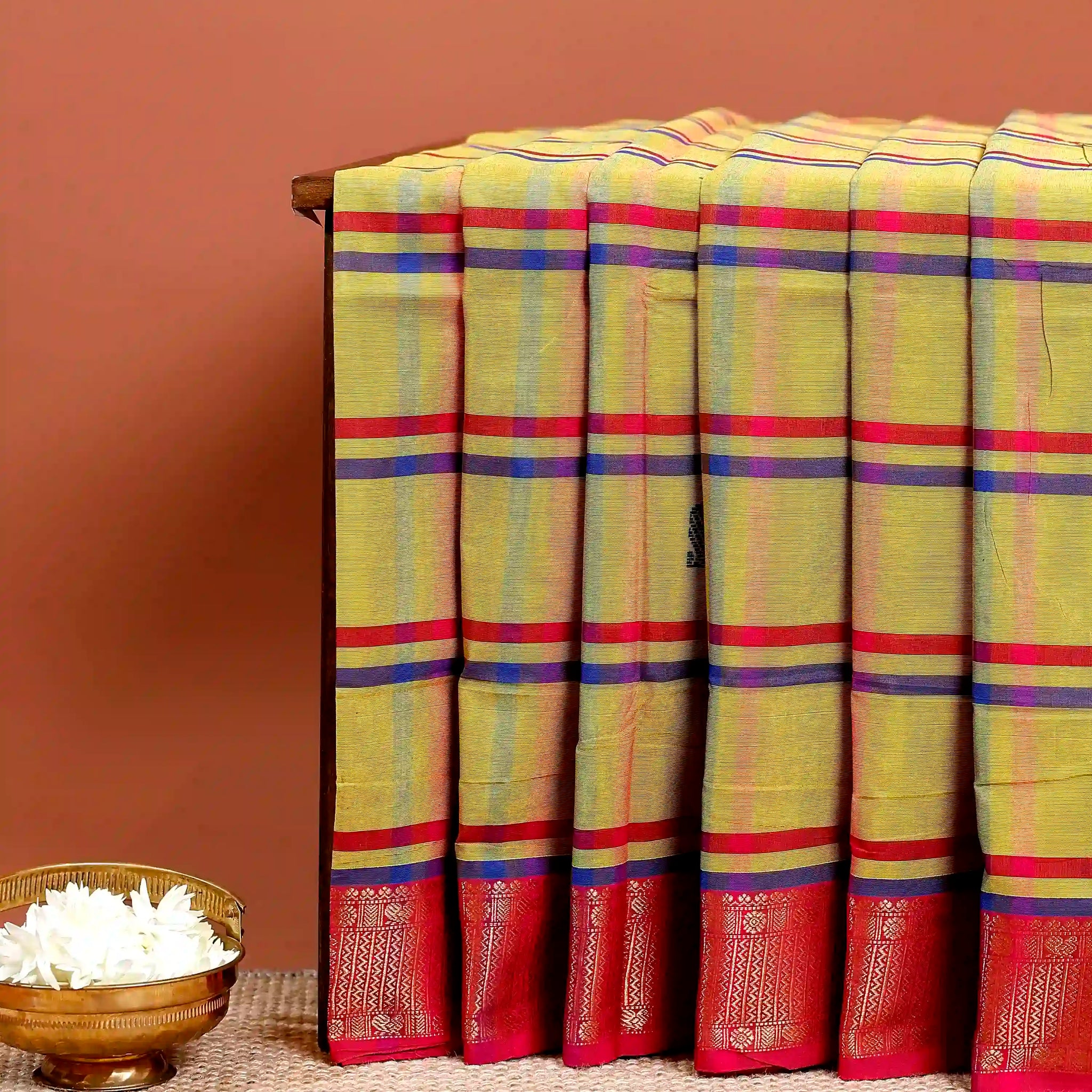 Traditional Chettinad Cotton Saree with Bold Checked Pattern and Rich Zari Border - Yellow