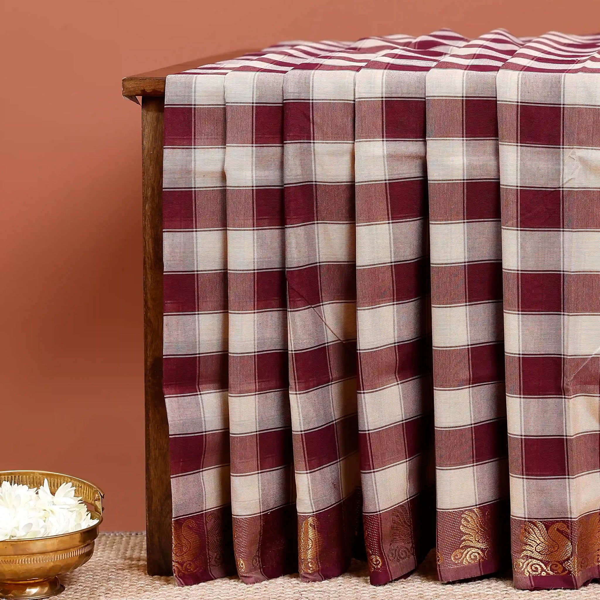 Traditional Chettinad Cotton Saree with Bold Checked Pattern and Rich Zari Border - Multi