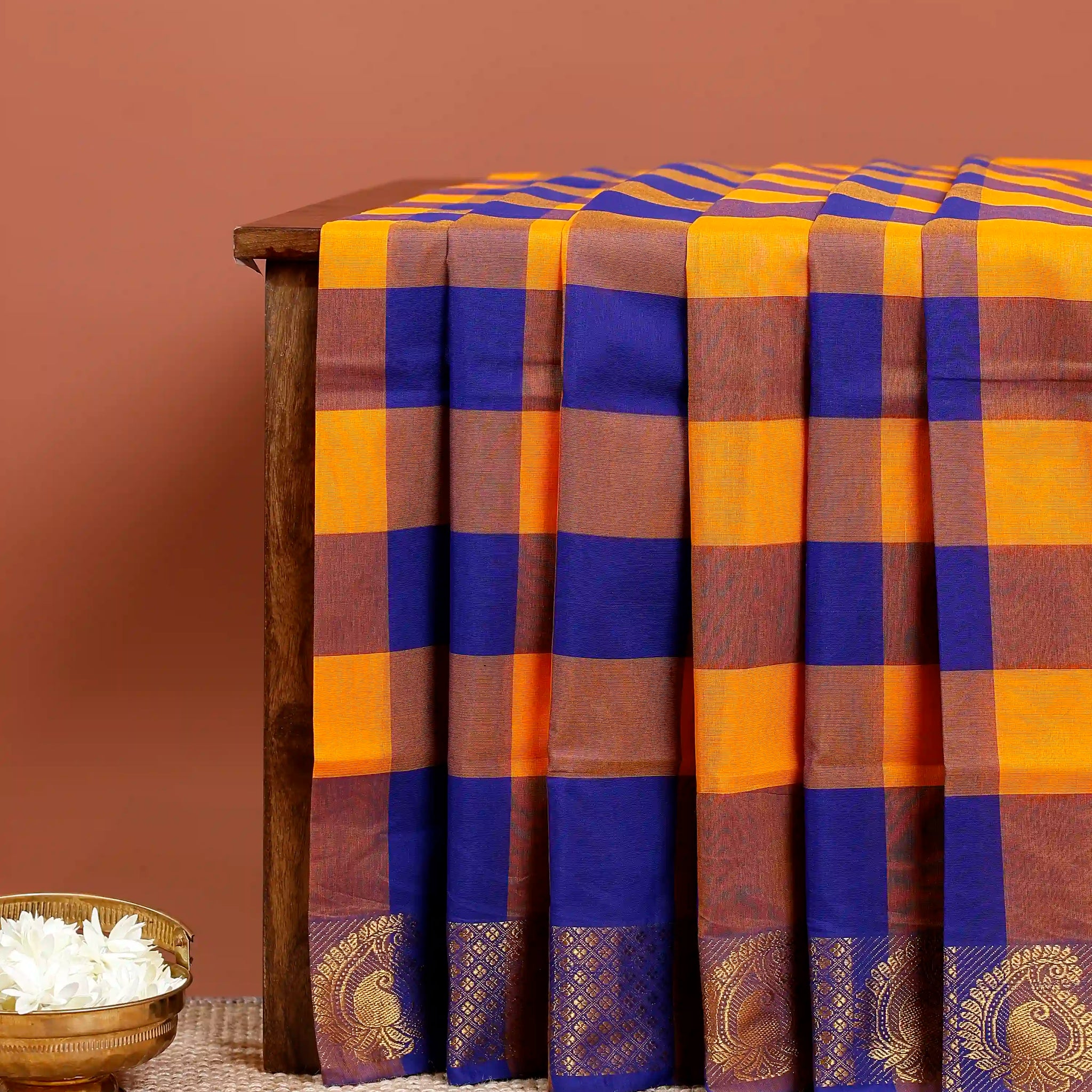 Traditional Chettinad Cotton Saree with Bold Checked Pattern and Rich Zari Border - Multi