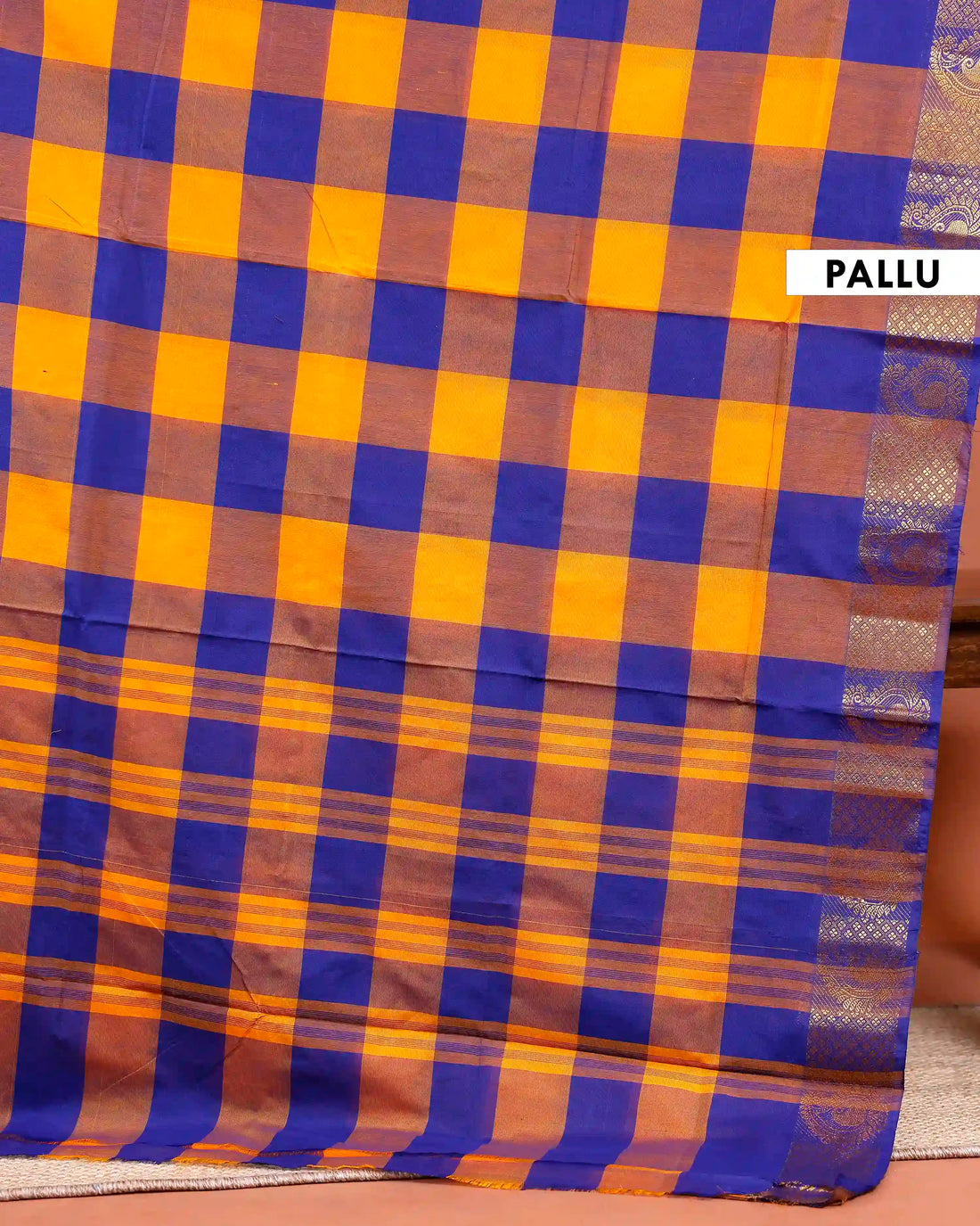 Traditional Chettinad Cotton Saree with Bold Checked Pattern and Rich Zari Border - Multi