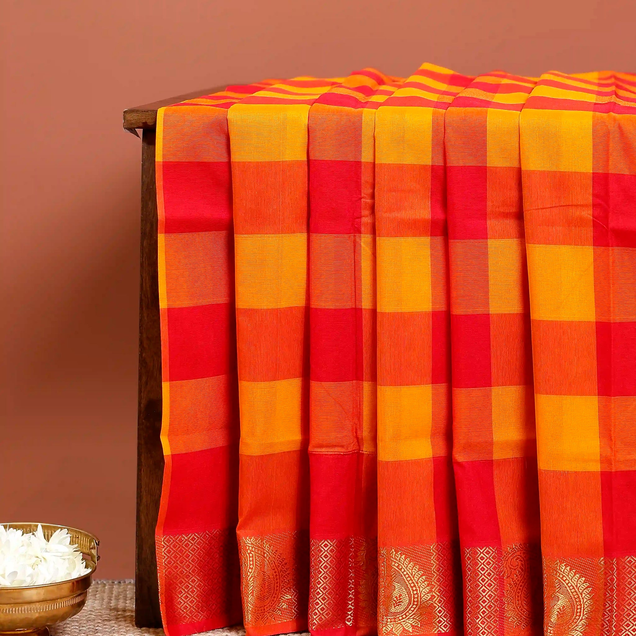 Traditional Chettinad Cotton Saree with Bold Checked Pattern and Rich Zari Border - Multi