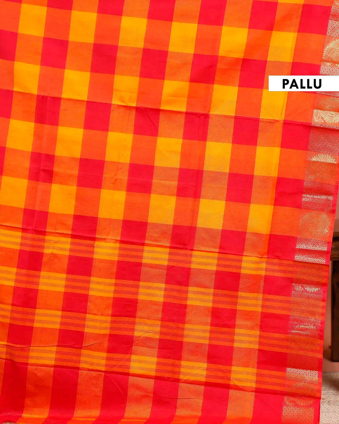 Traditional Chettinad Cotton Saree with Bold Checked Pattern and Rich Zari Border - Multi