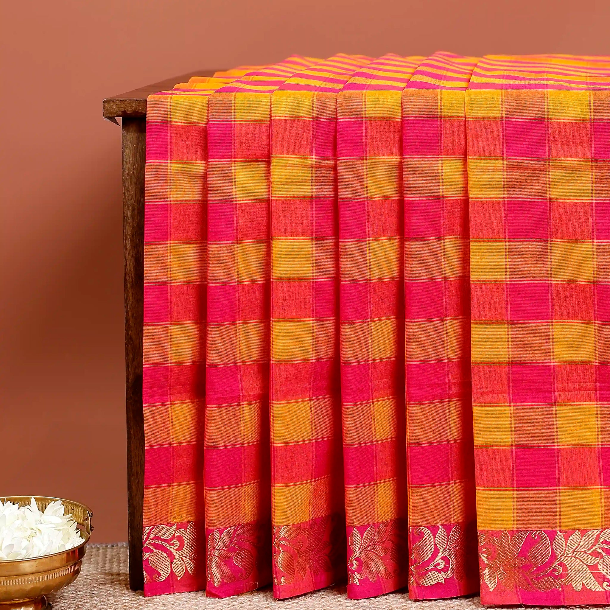 Traditional Chettinad Cotton Saree with Bold Checked Pattern and Rich Zari Border - Multi