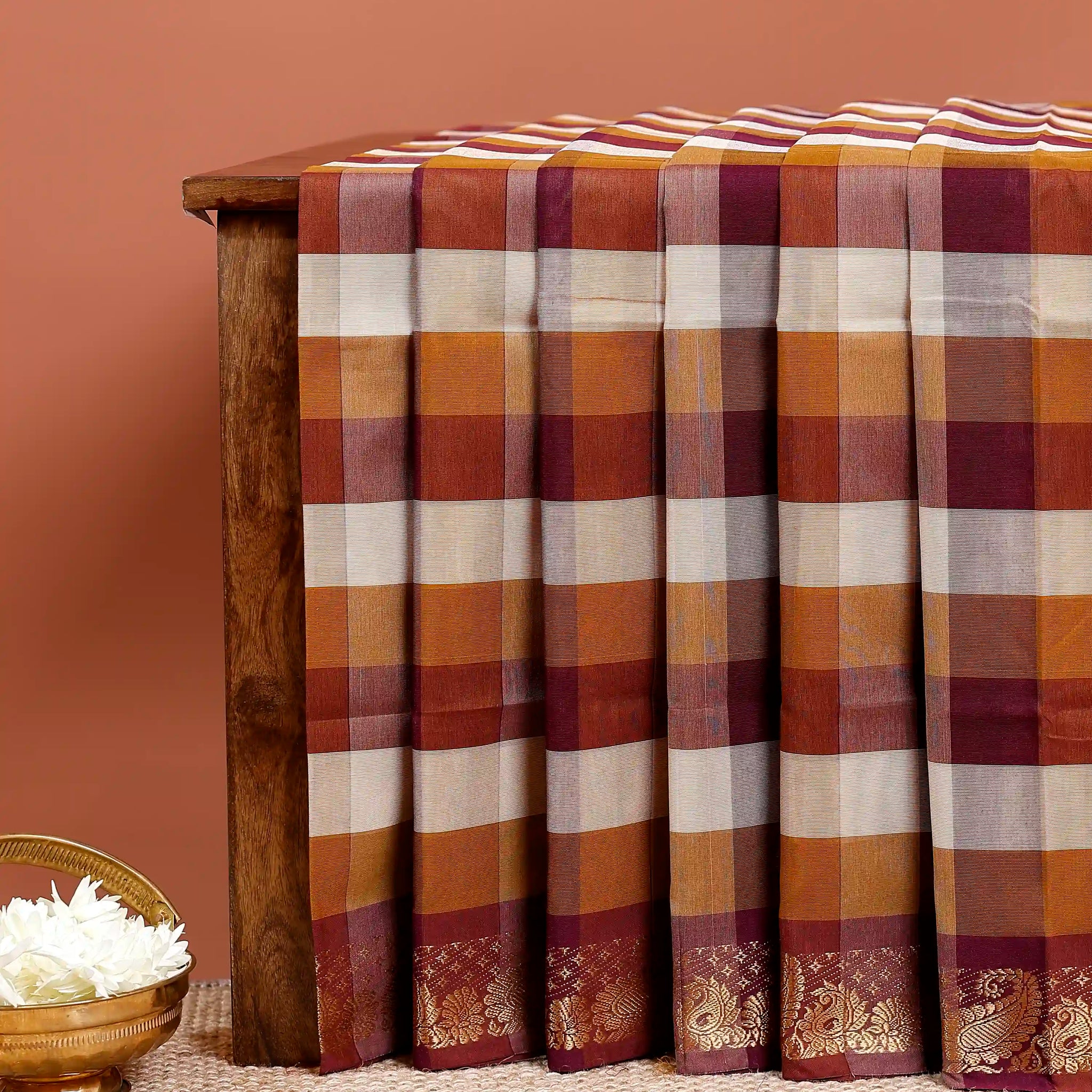 Traditional Chettinad Cotton Saree with Bold Checked Pattern and Rich Zari Border - Multi