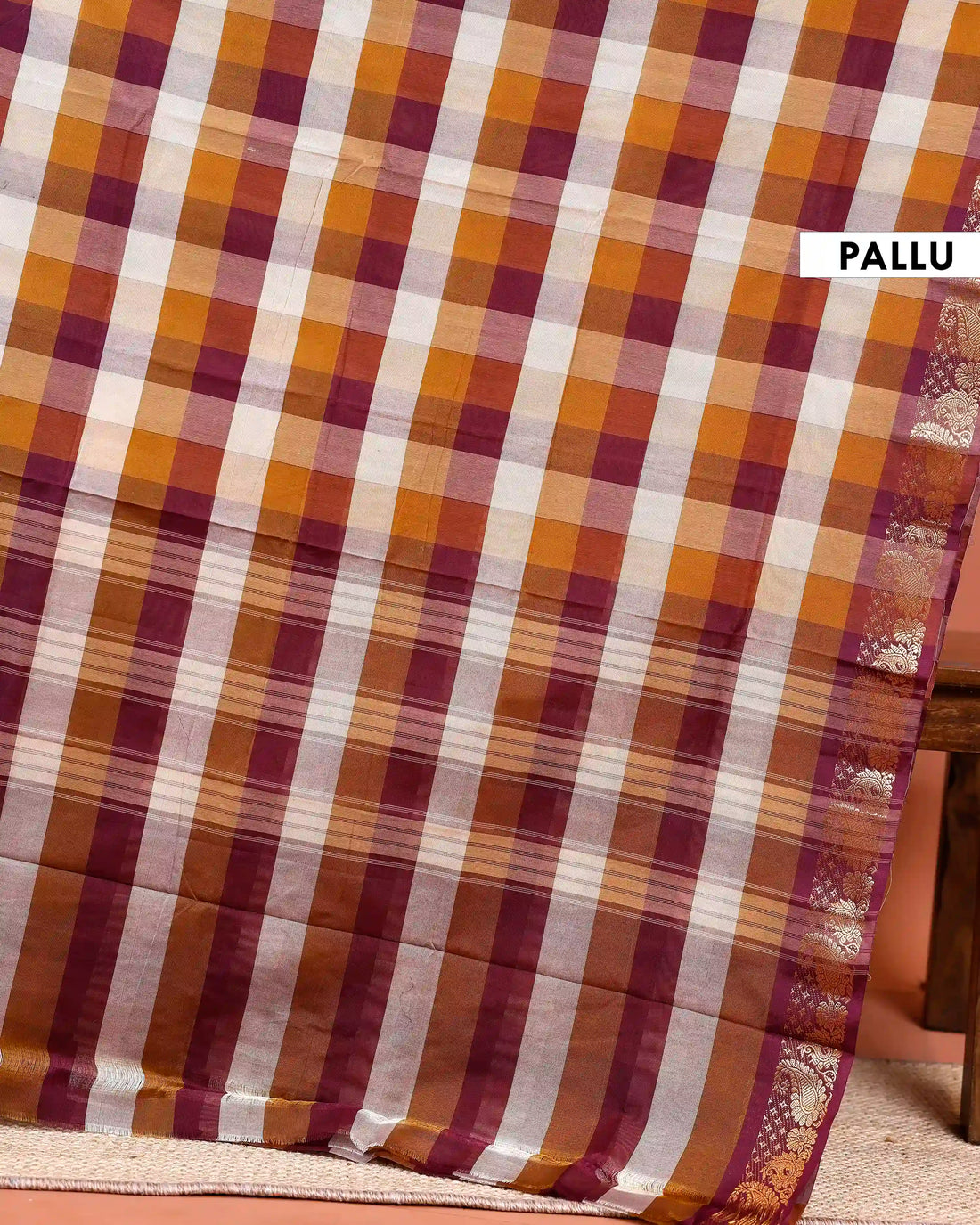 Traditional Chettinad Cotton Saree with Bold Checked Pattern and Rich Zari Border - Multi