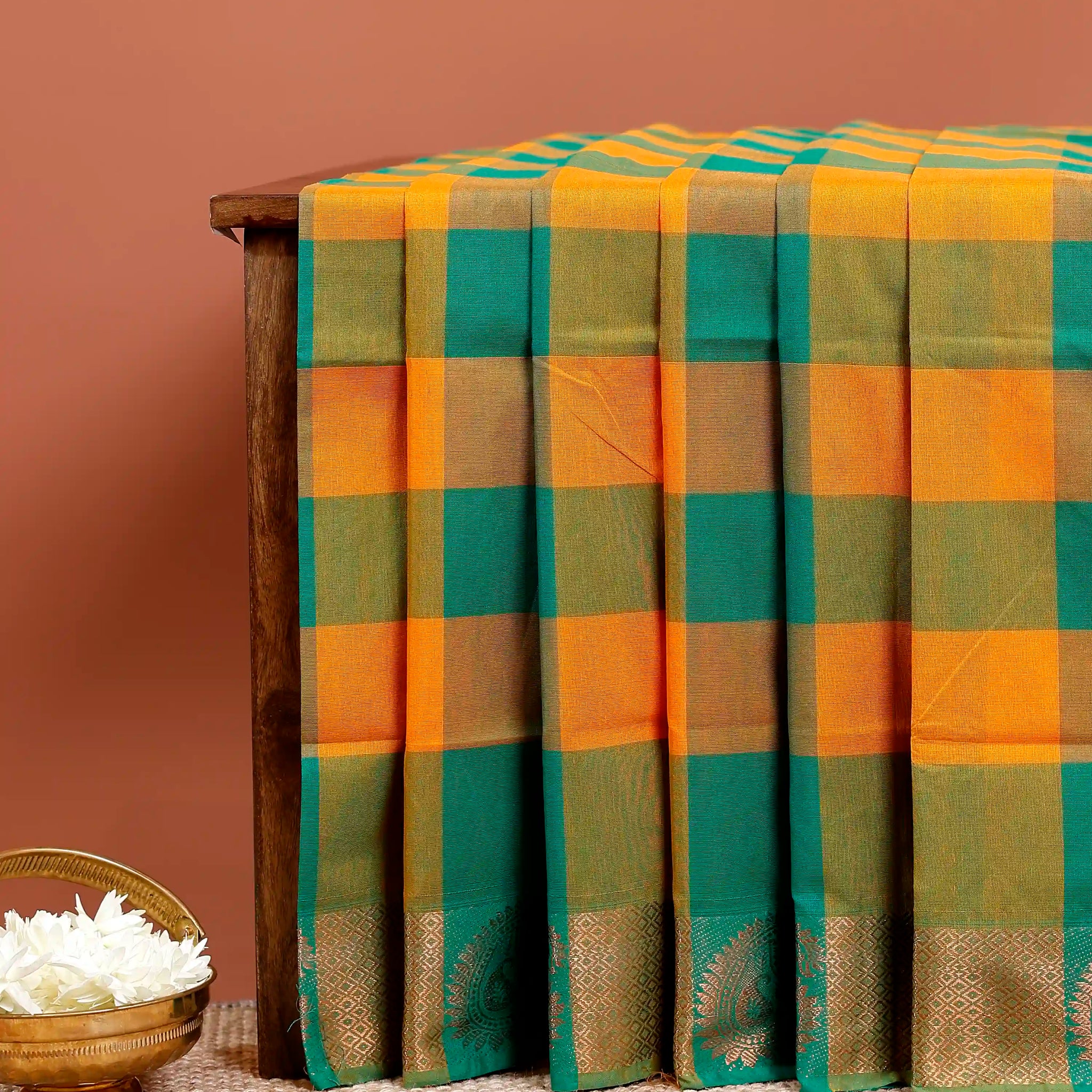 Traditional Chettinad Cotton Saree with Bold Checked Pattern and Rich Zari Border - Multi