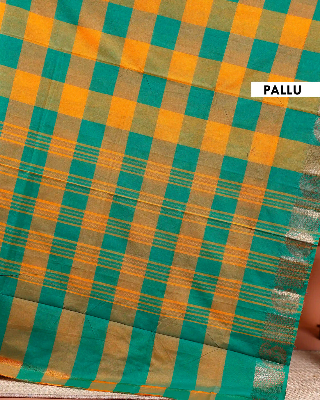 Traditional Chettinad Cotton Saree with Bold Checked Pattern and Rich Zari Border - Multi