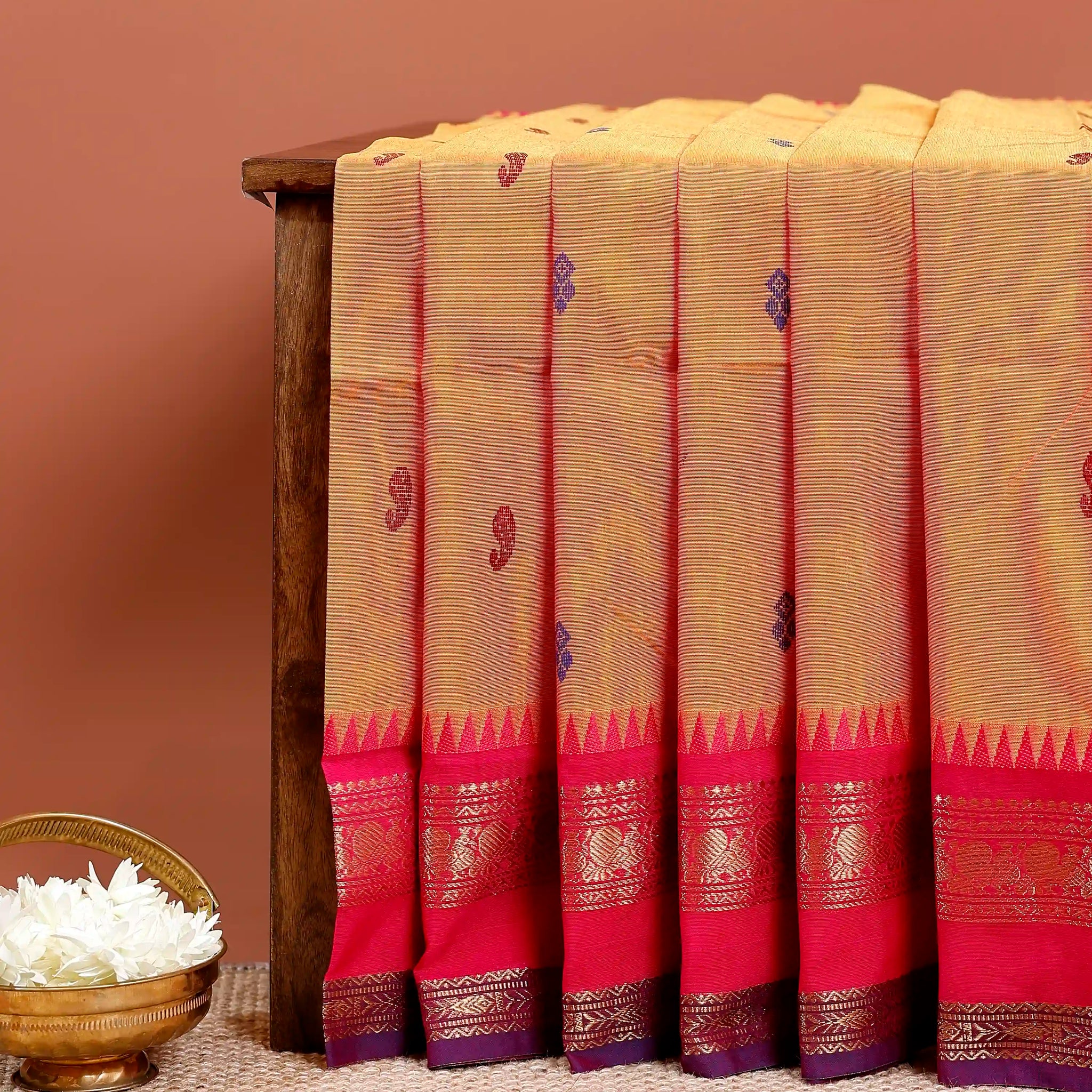 Chettinad Cotton Saree with Paisley and Geometric Butta Motifs, Contrasting Temple Zari Border - Brown