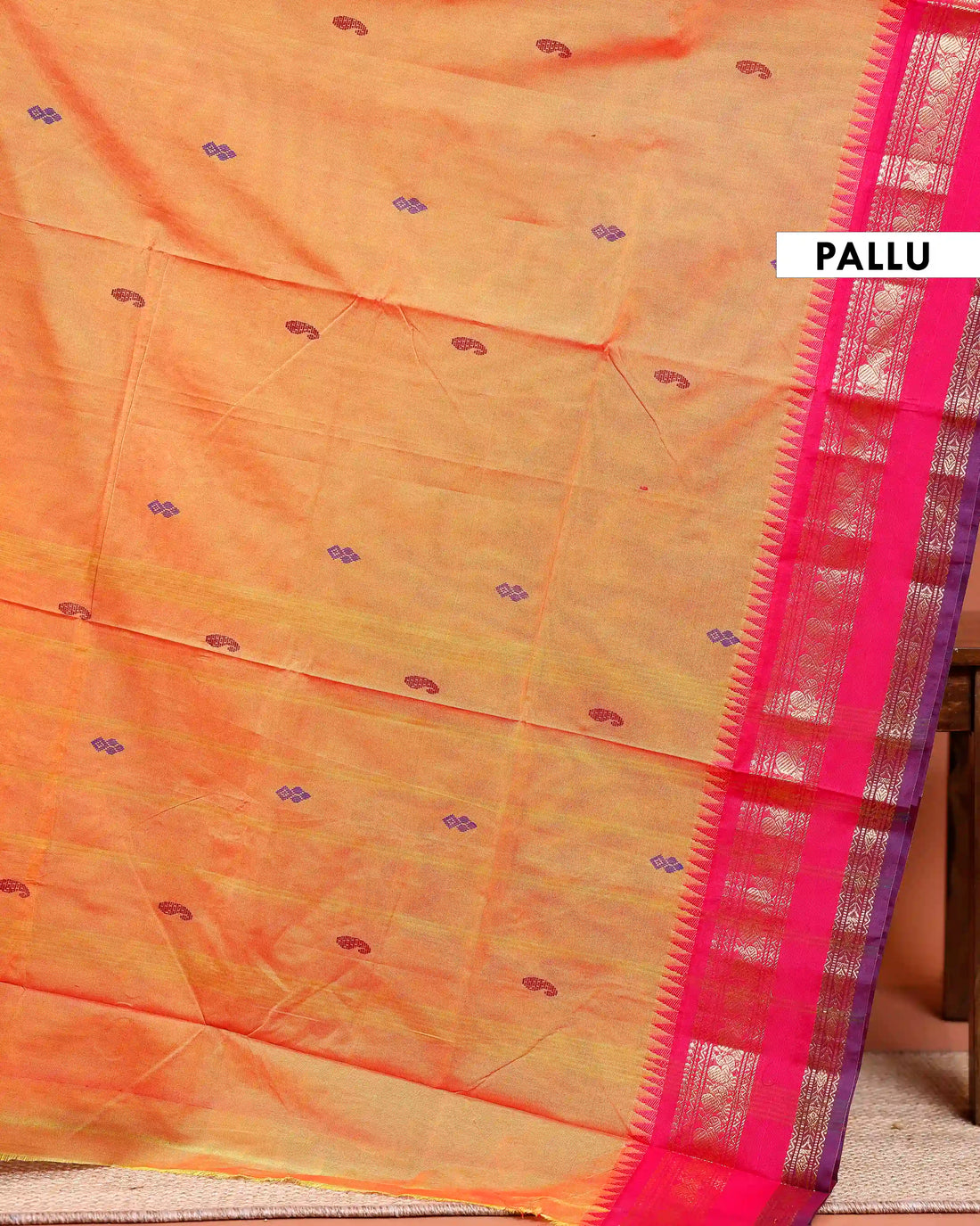 Chettinad Cotton Saree with Paisley and Geometric Butta Motifs, Contrasting Temple Zari Border - Brown