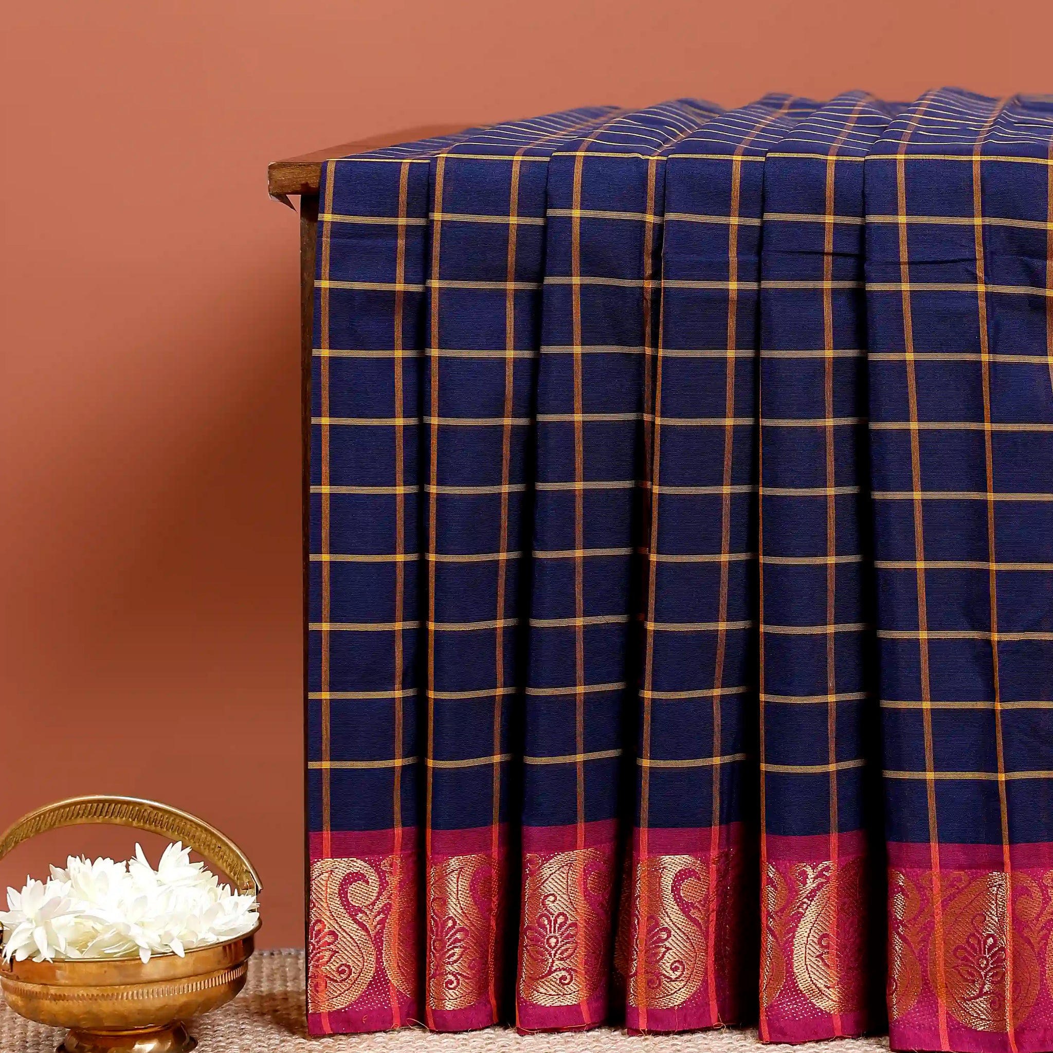 Elegant Chettinad Cotton Checked Saree with Traditional Zari Border - Blue